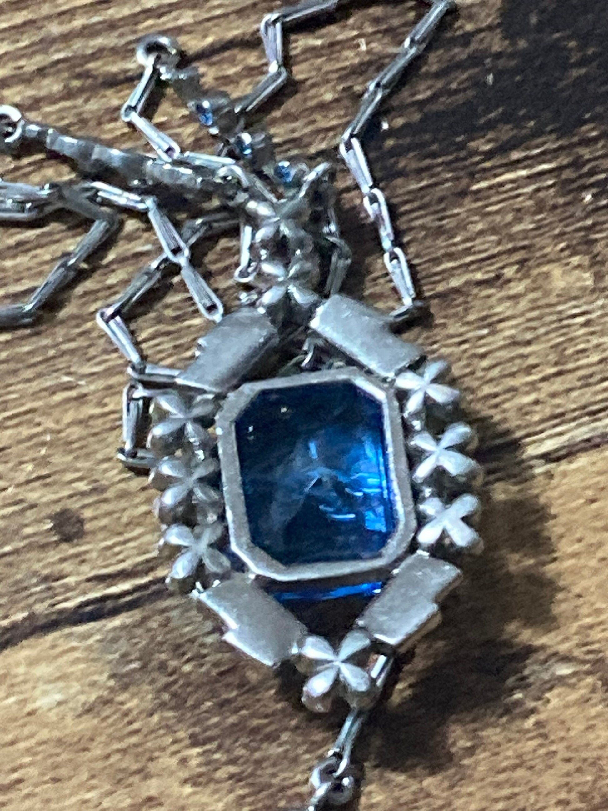 Art Deco Czech sapphire blue Crystal rhinestone pendant Necklace
