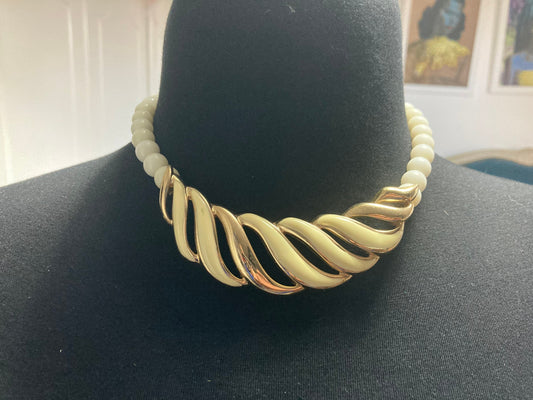 vintage gold tone cream enamel choker white beaded chunky necklace