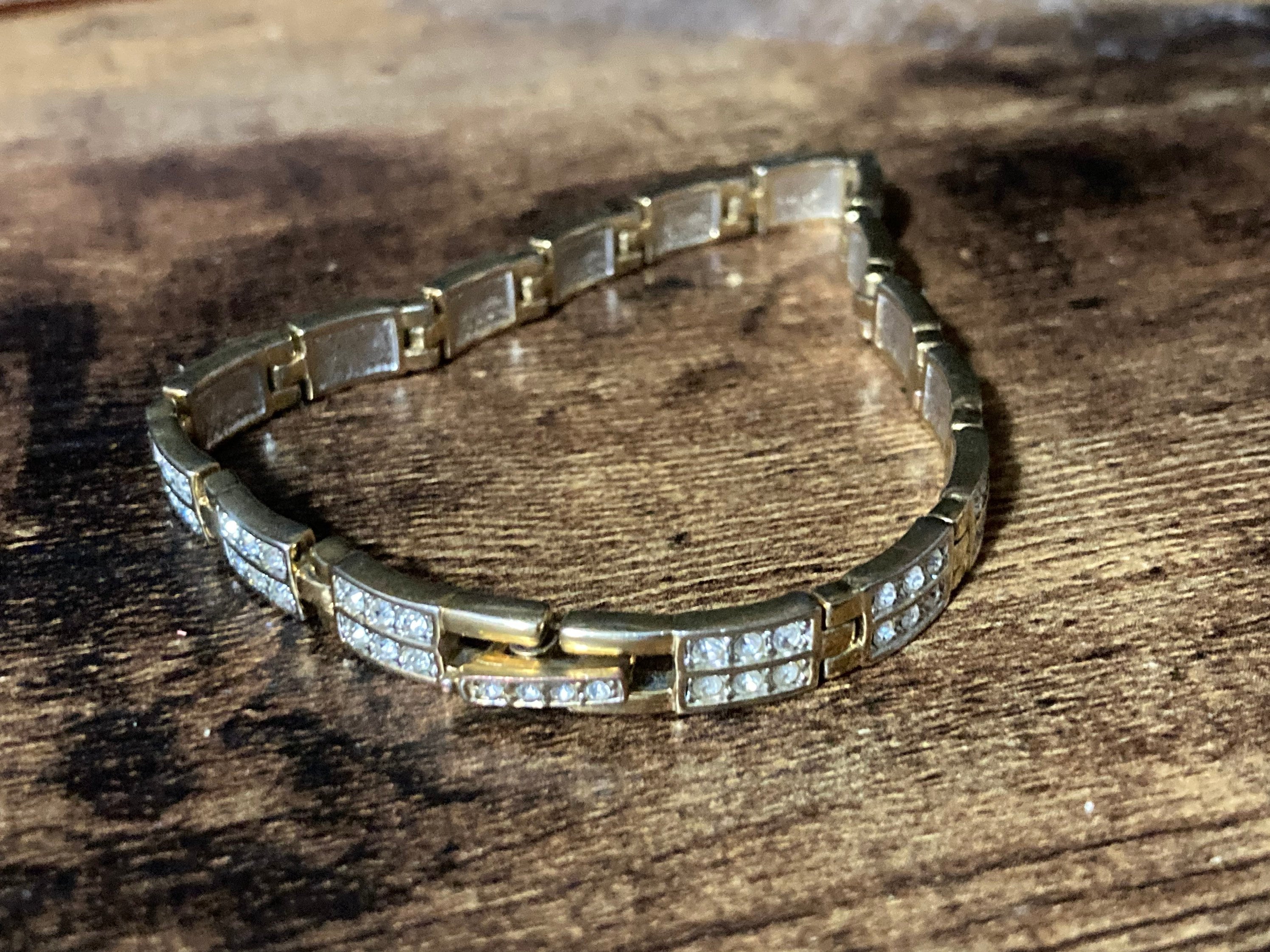 Vintage clear diamanté Crystal panel link gold plated tennis bracelet