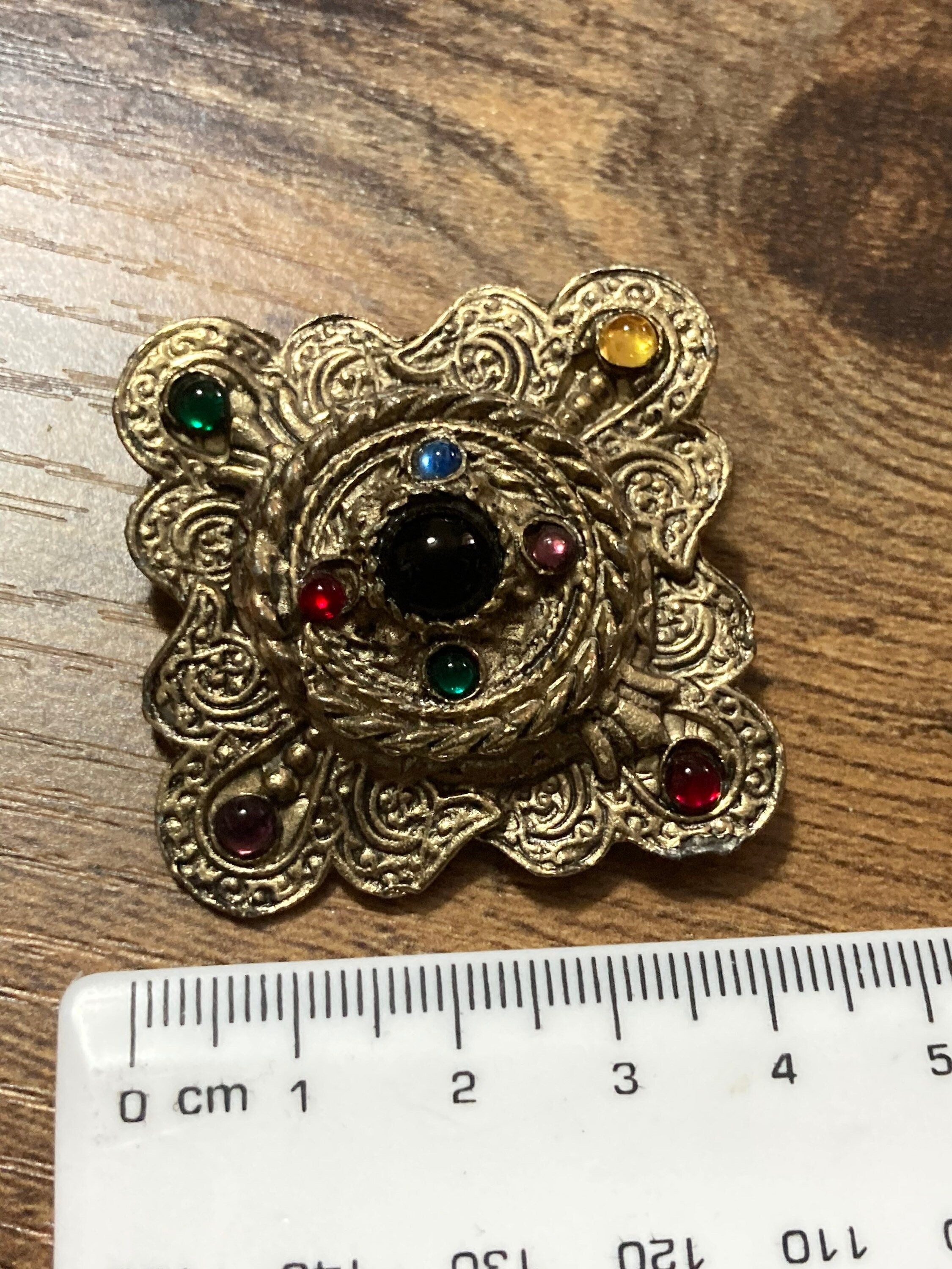 Vintage czech brass Gold mixed coloured rhinestone Paste Set Scarf Clip