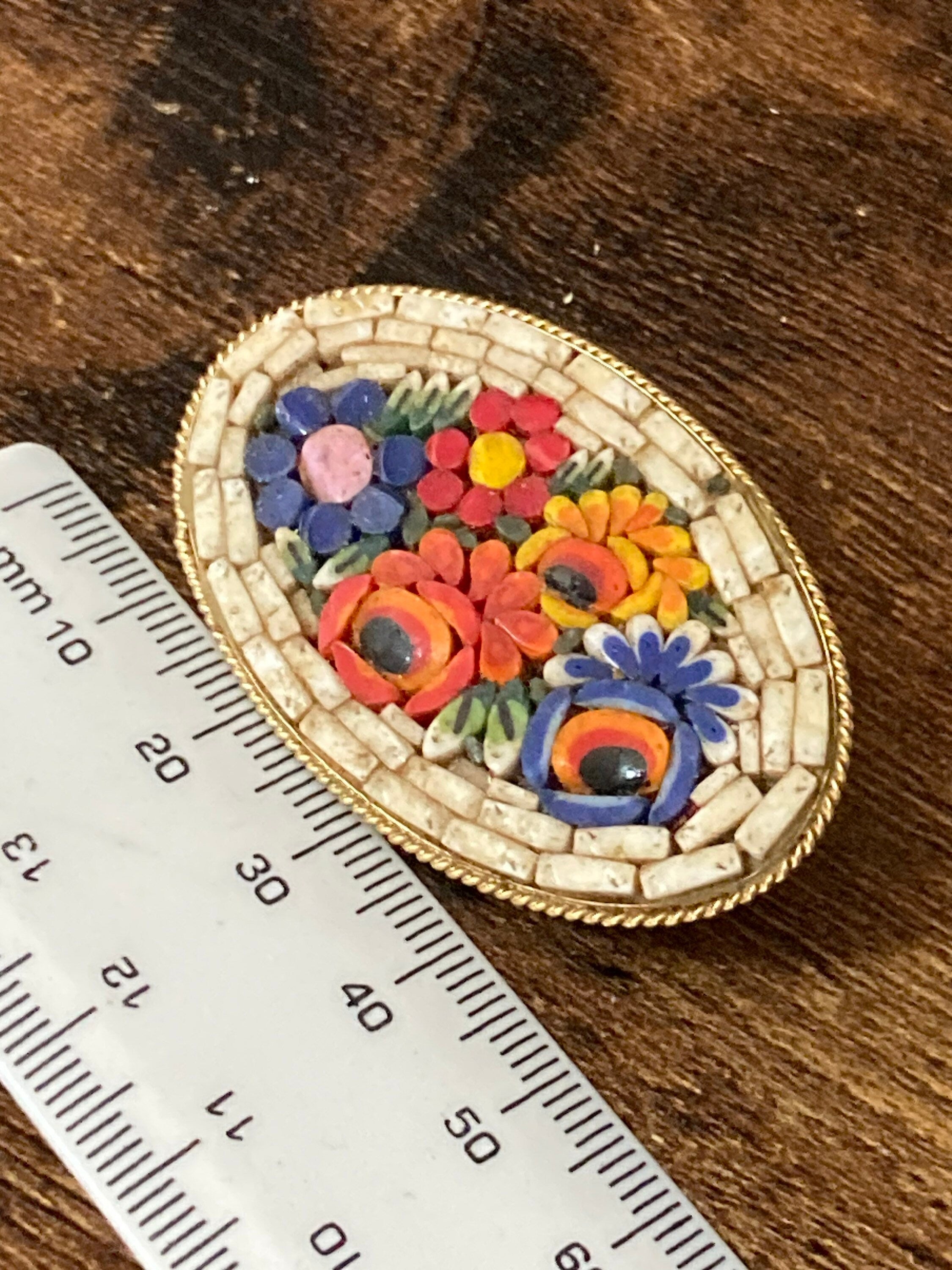 Italian oval Micro Mosaic floral Brooch gold tone