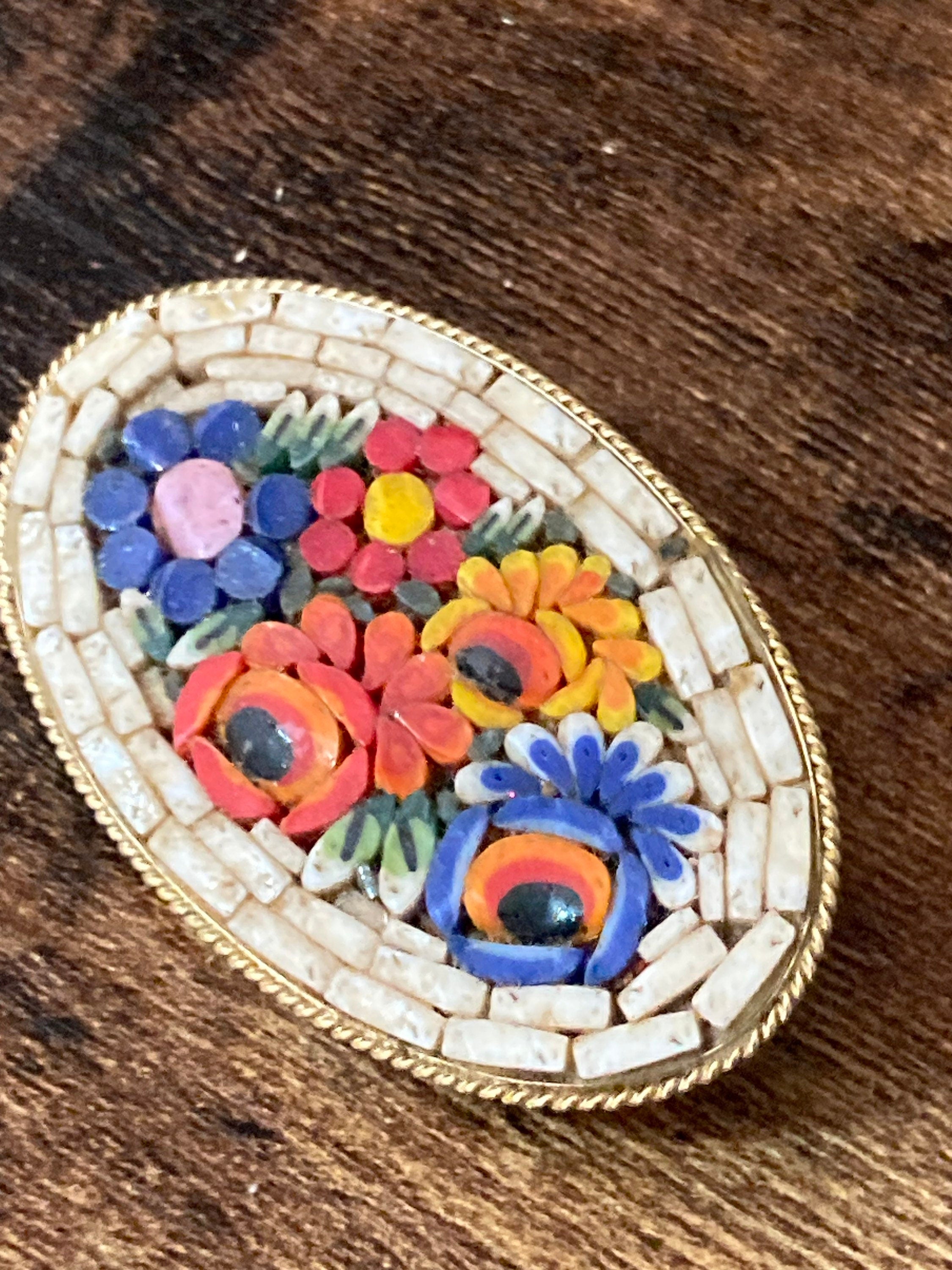 Italian oval Micro Mosaic floral Brooch gold tone