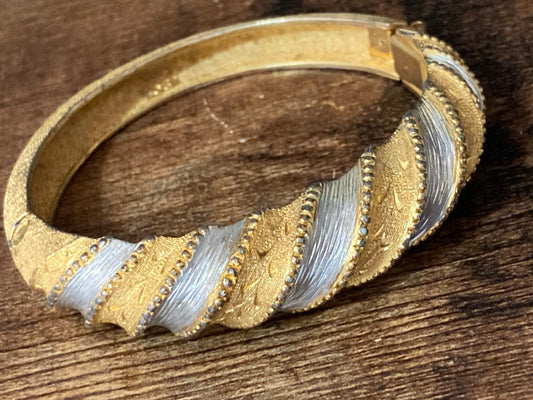 gold and silver tone etched clamper bangle bracelet