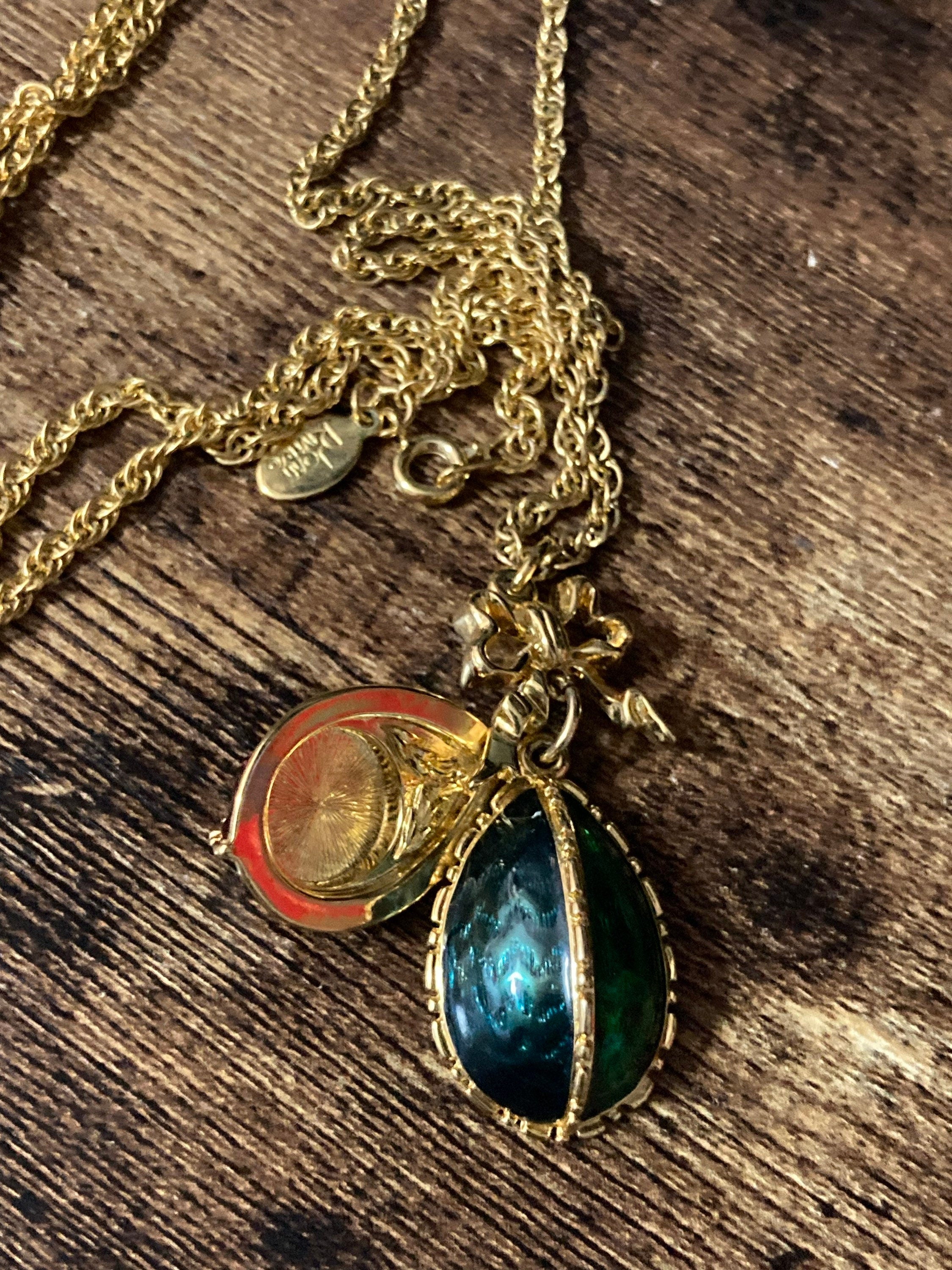 Joan Rivers Faberge inspired  red brown green enamel opening egg locket pendant necklace