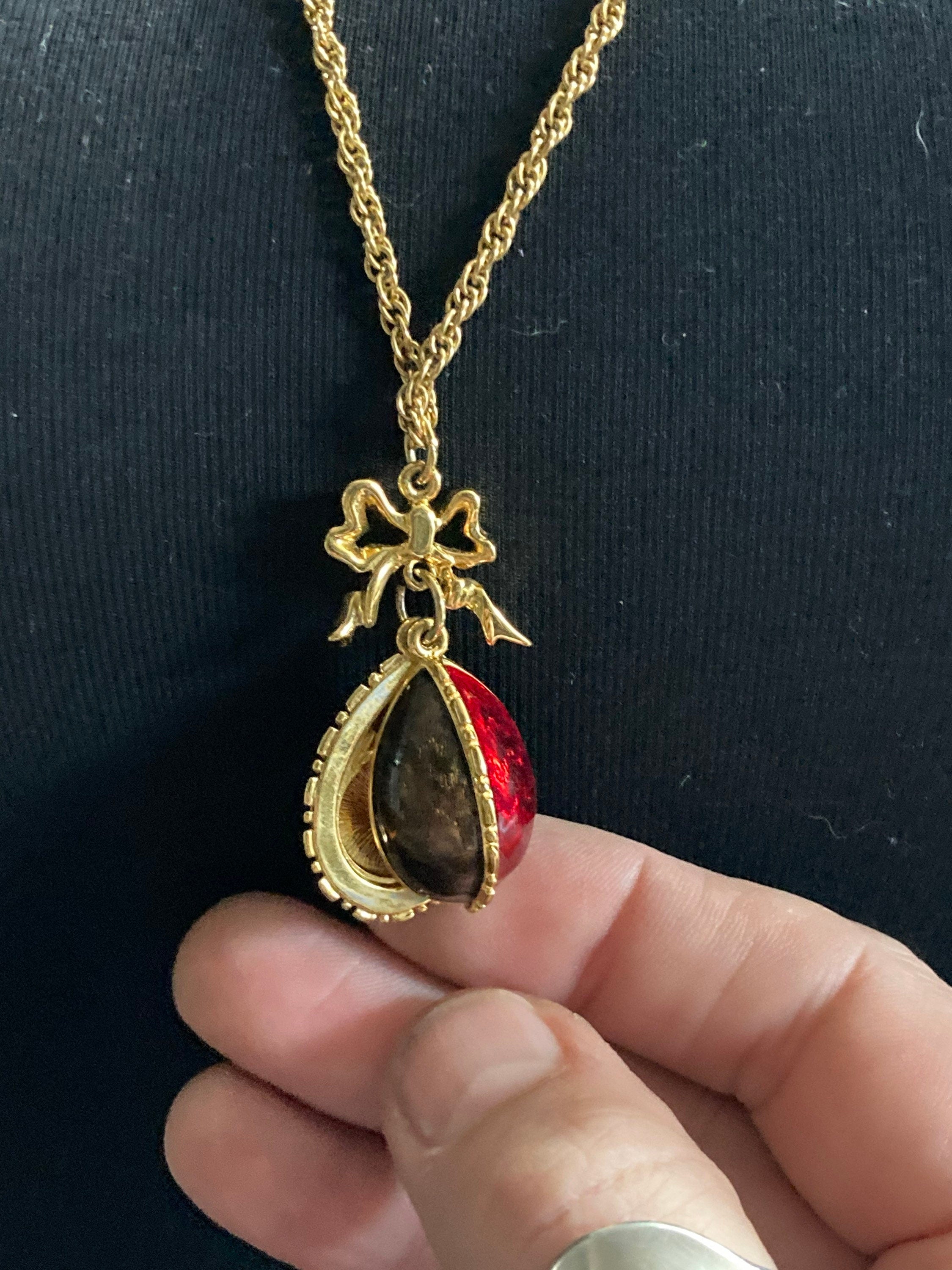 Joan Rivers Faberge inspired  red brown green enamel opening egg locket pendant necklace