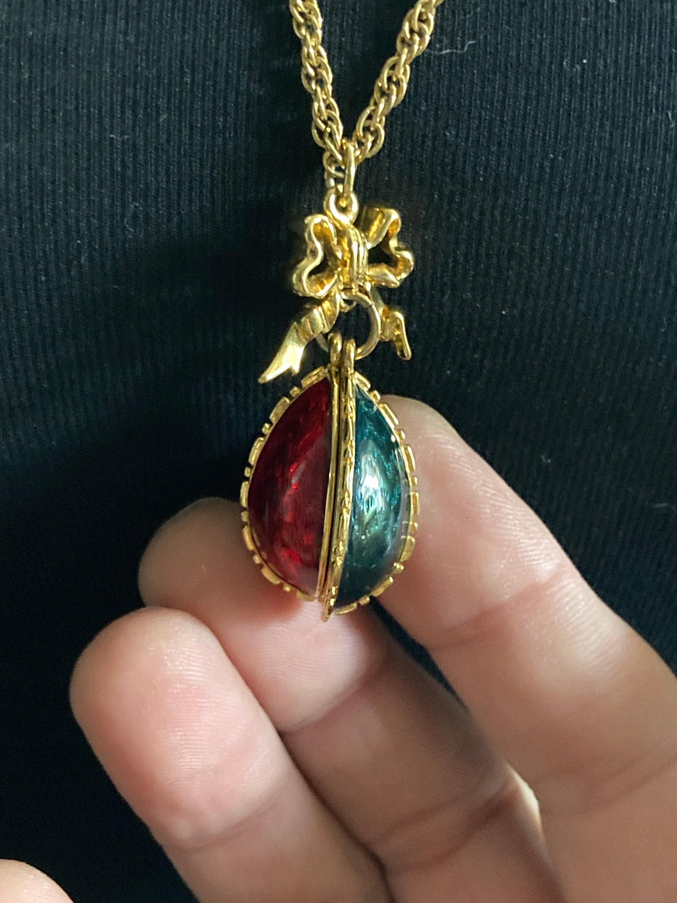 Joan Rivers Faberge inspired  red brown green enamel opening egg locket pendant necklace