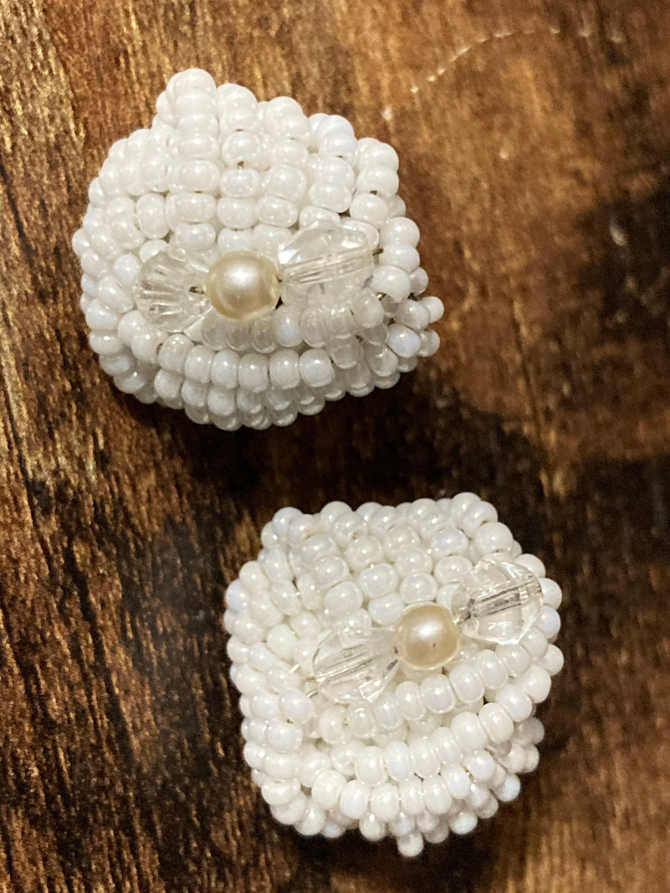 white seed bead turban clip on earrings vintage