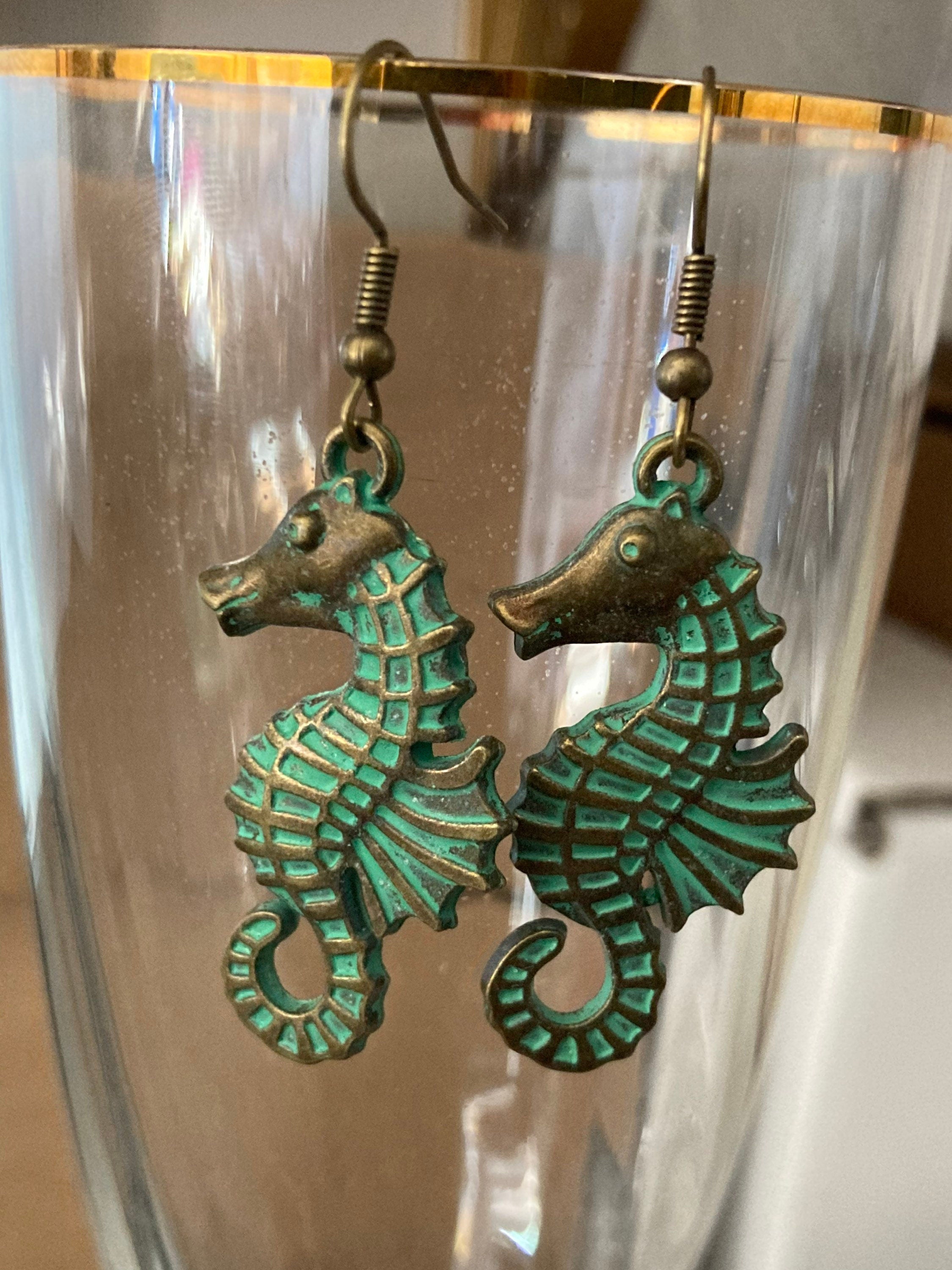 Bronze green seahorse earrings antique verdigris tone pierced