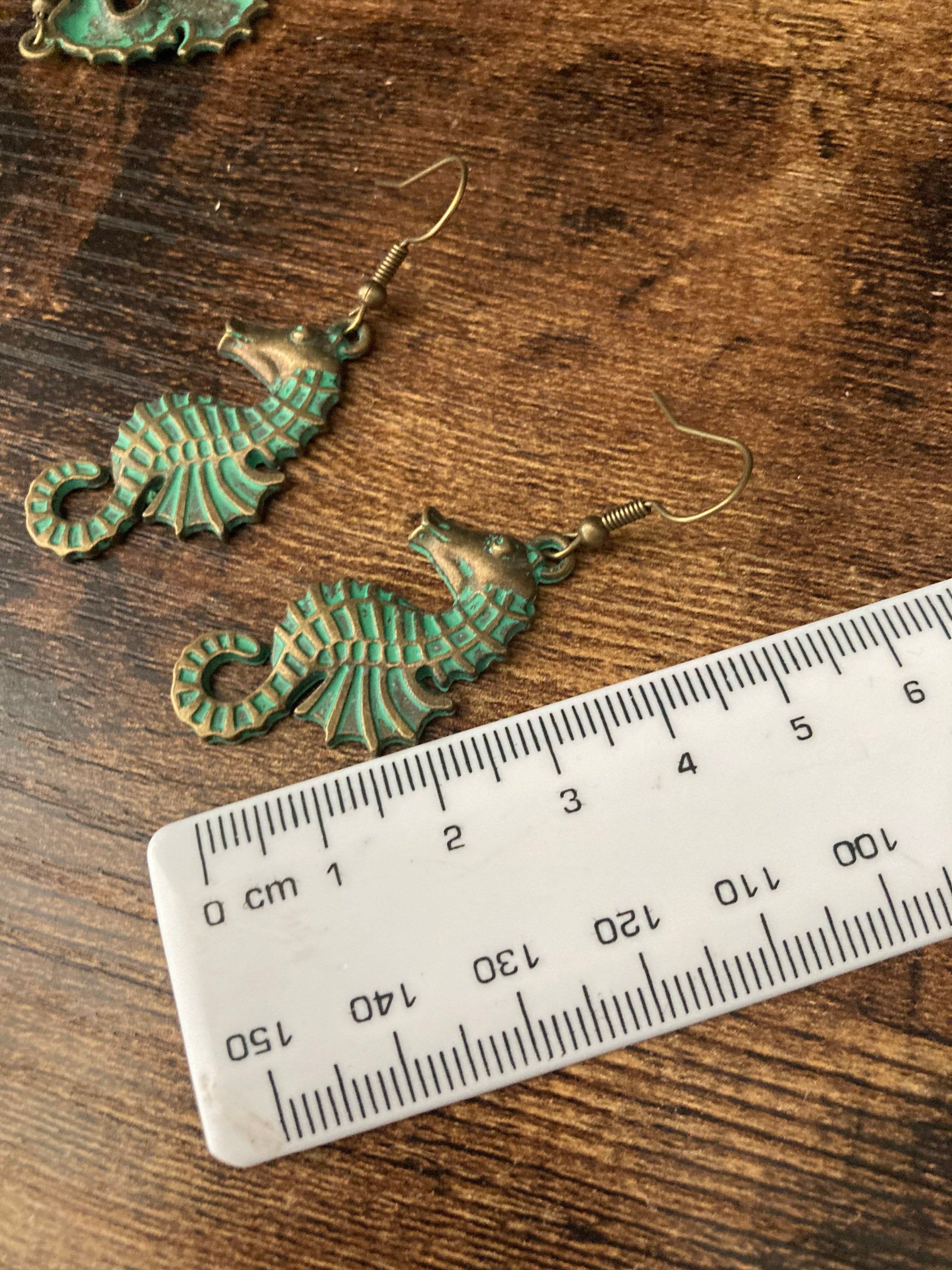 Bronze green seahorse earrings antique verdigris tone pierced