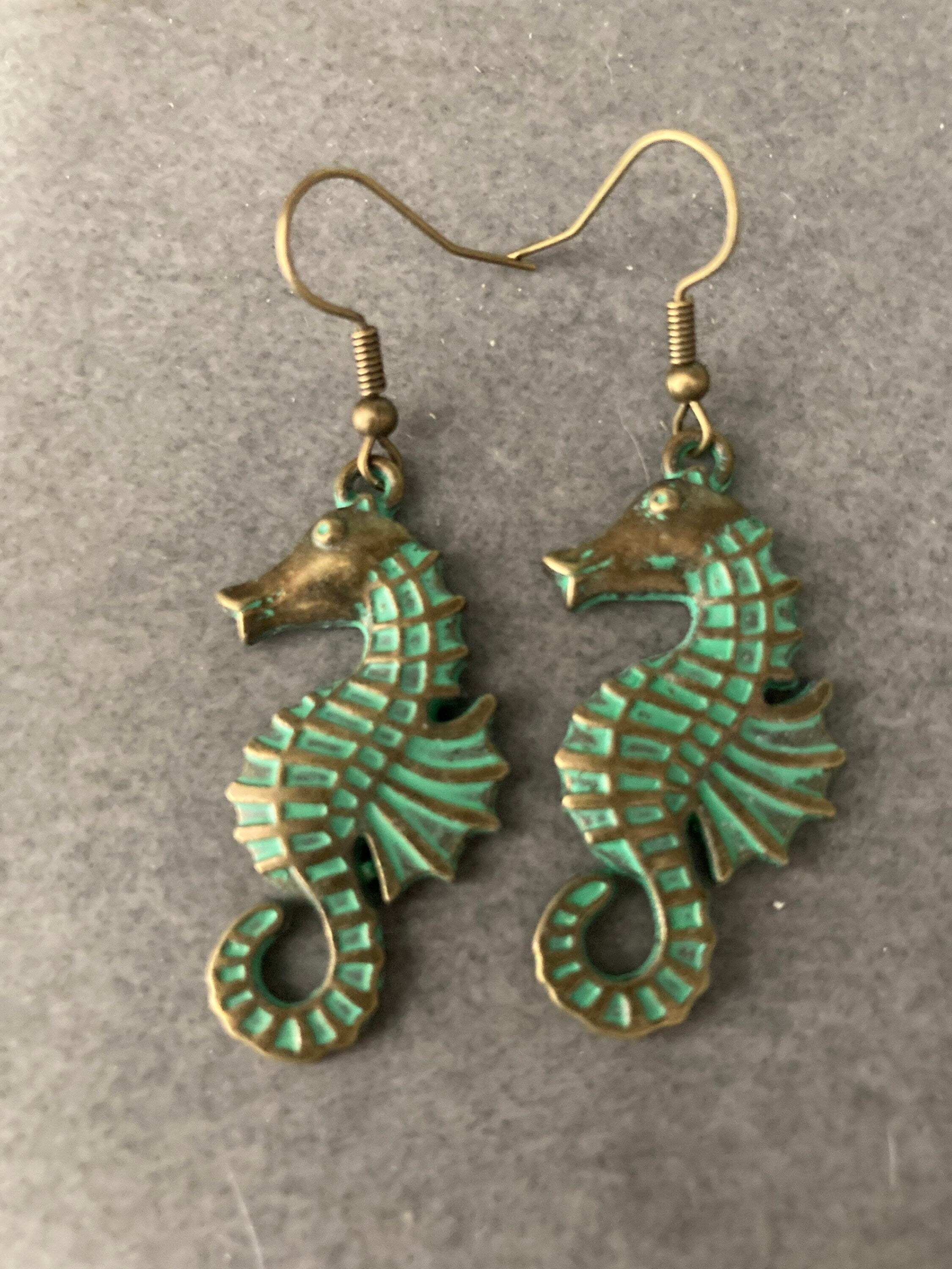 Bronze green seahorse earrings antique verdigris tone pierced