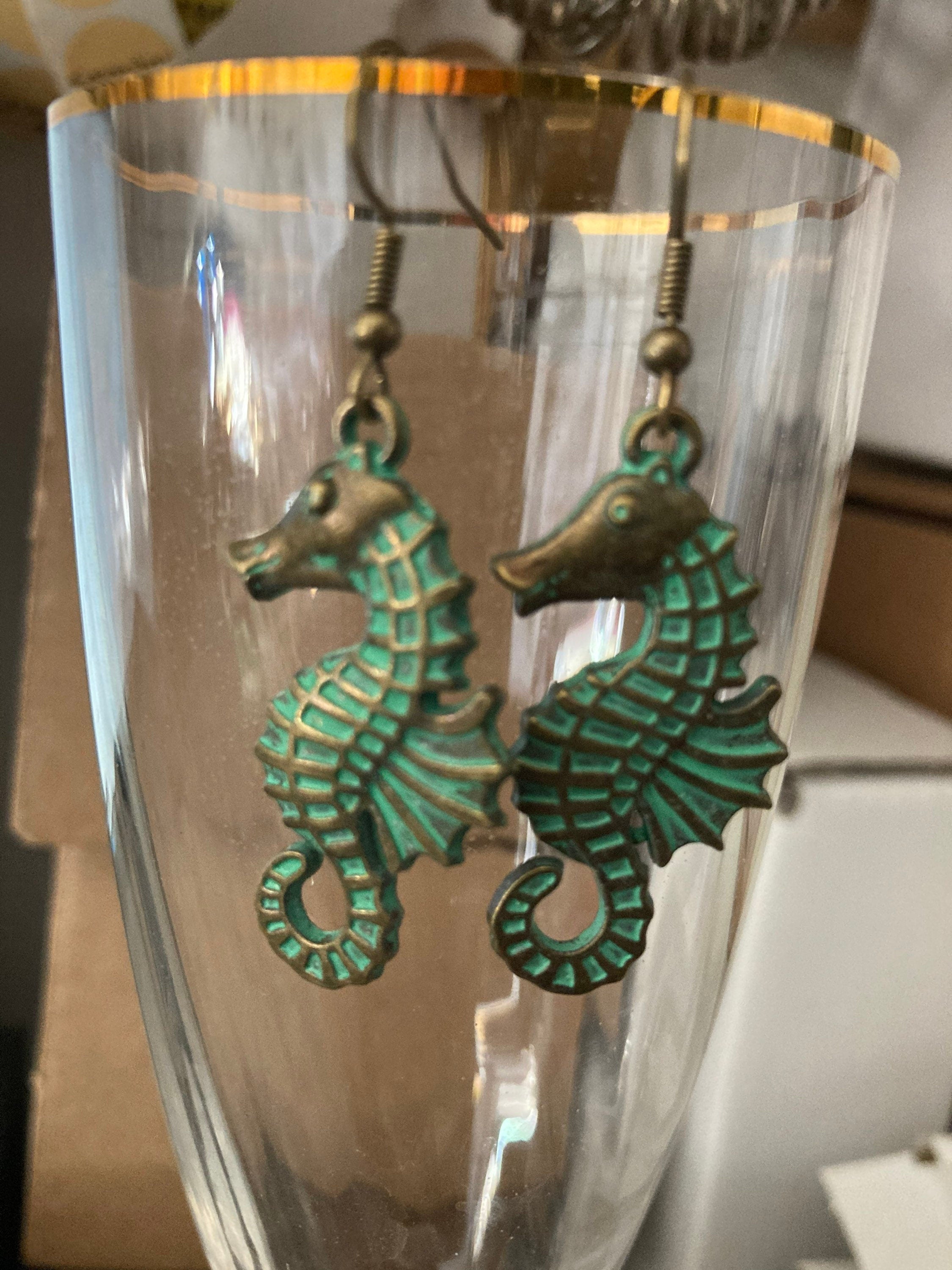 Bronze green seahorse earrings antique verdigris tone pierced