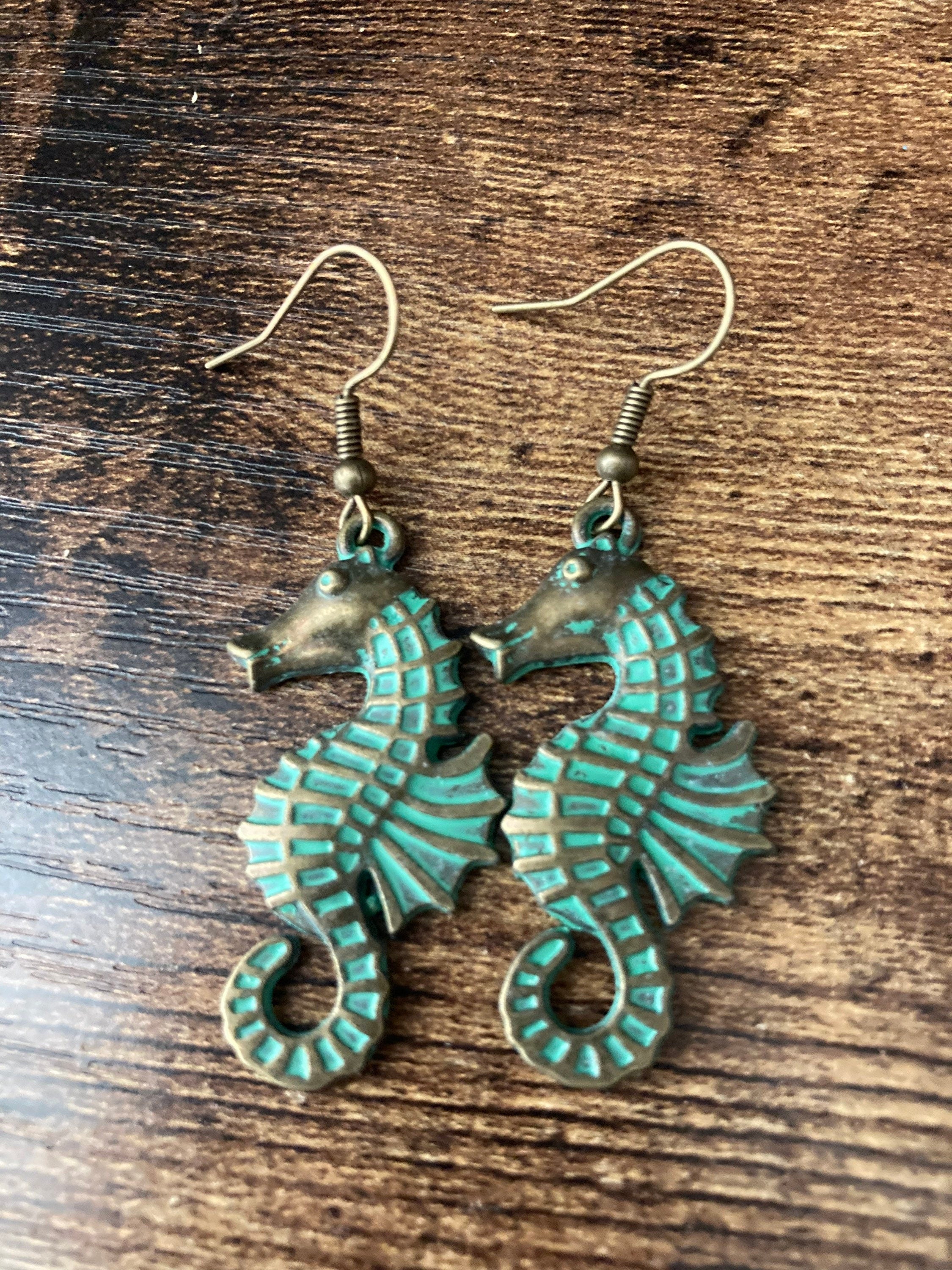 Bronze green seahorse earrings antique verdigris tone pierced