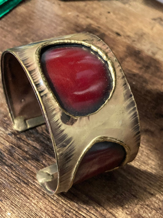 Signed PIA copper brass and red enamel wide cuff bangle