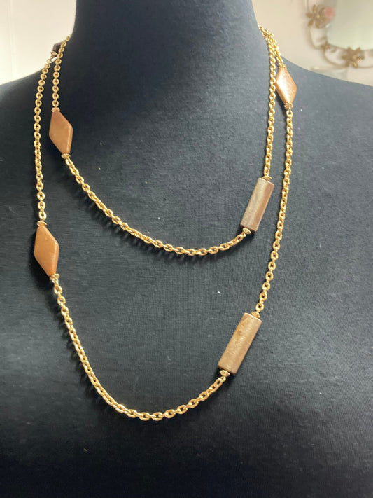 Faux wooden station necklace Vintage gold tone chain