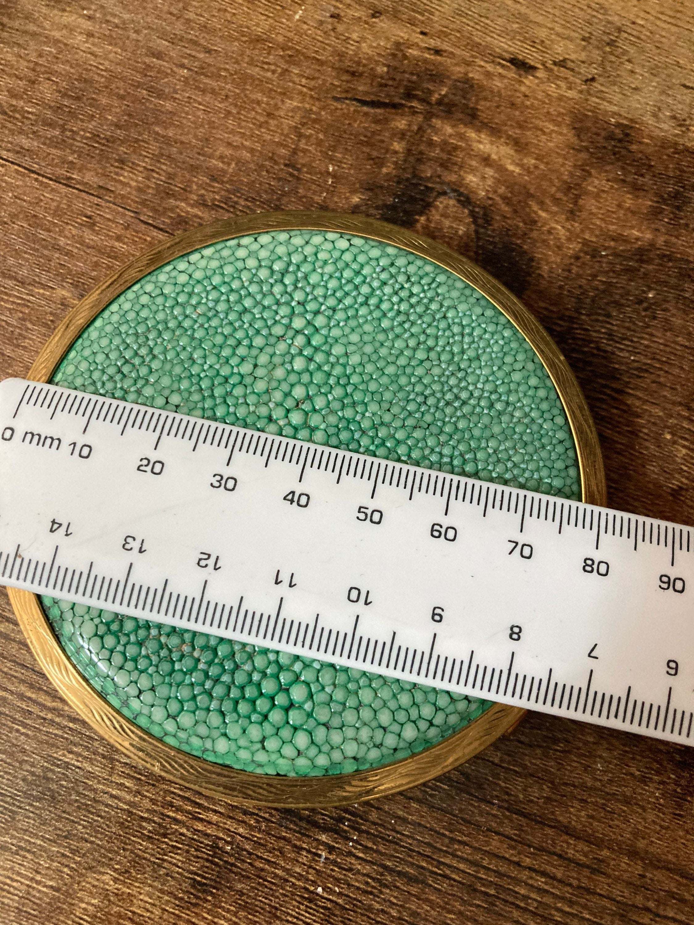 Green faux shagreen signed powder compact gold tone