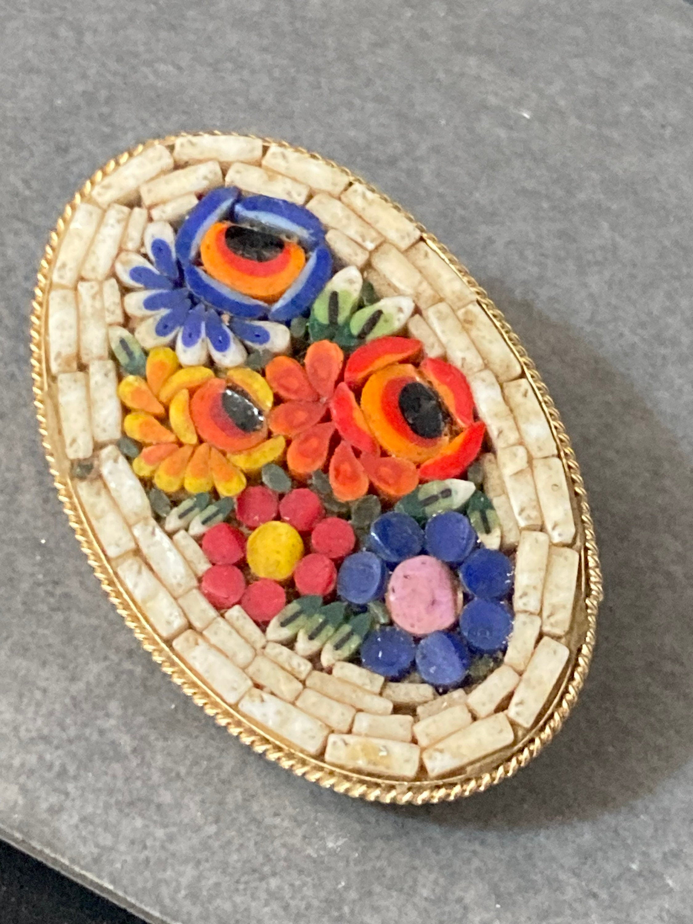 Italian oval Micro Mosaic floral Brooch gold tone