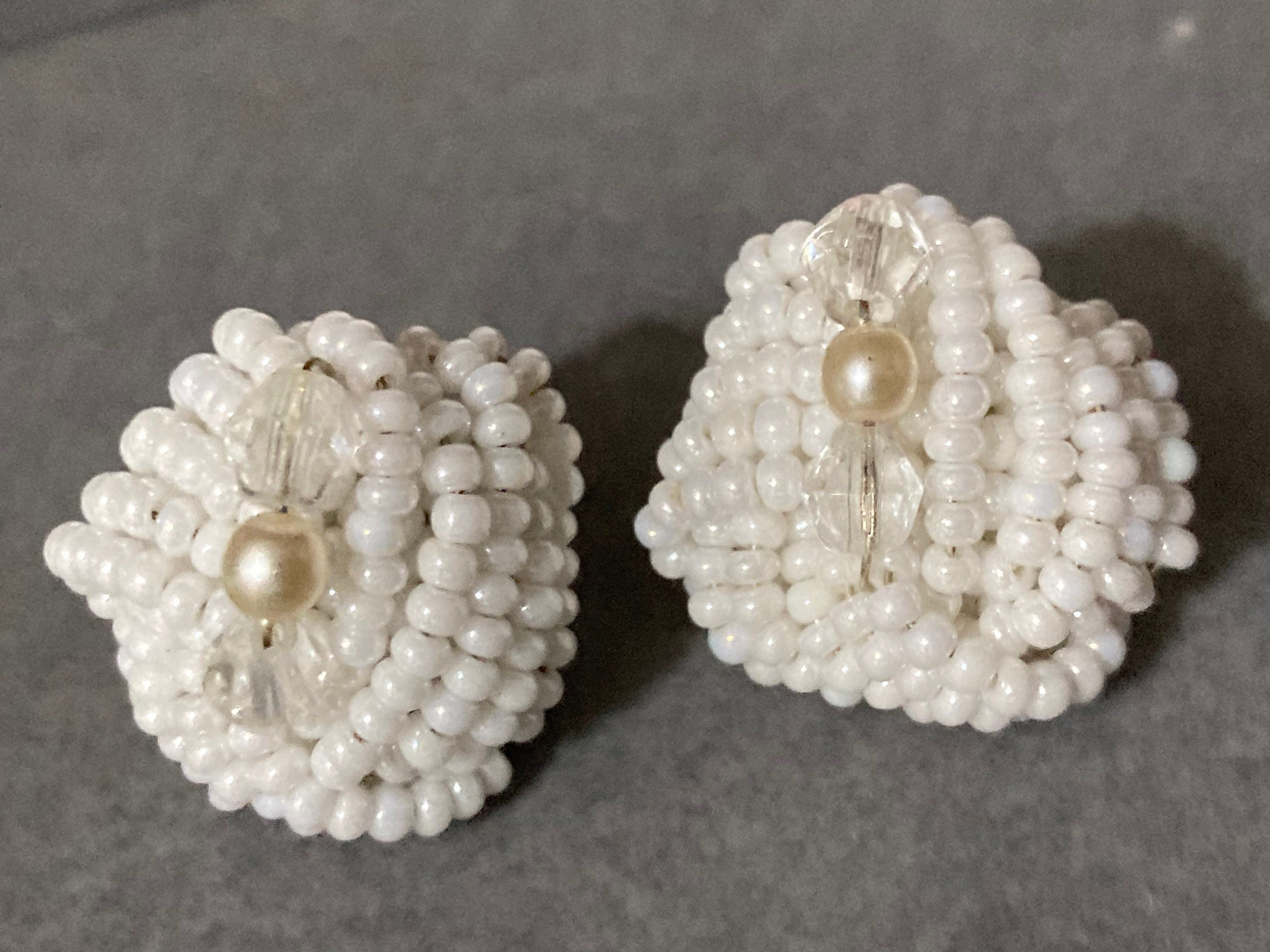 white seed bead turban clip on earrings vintage