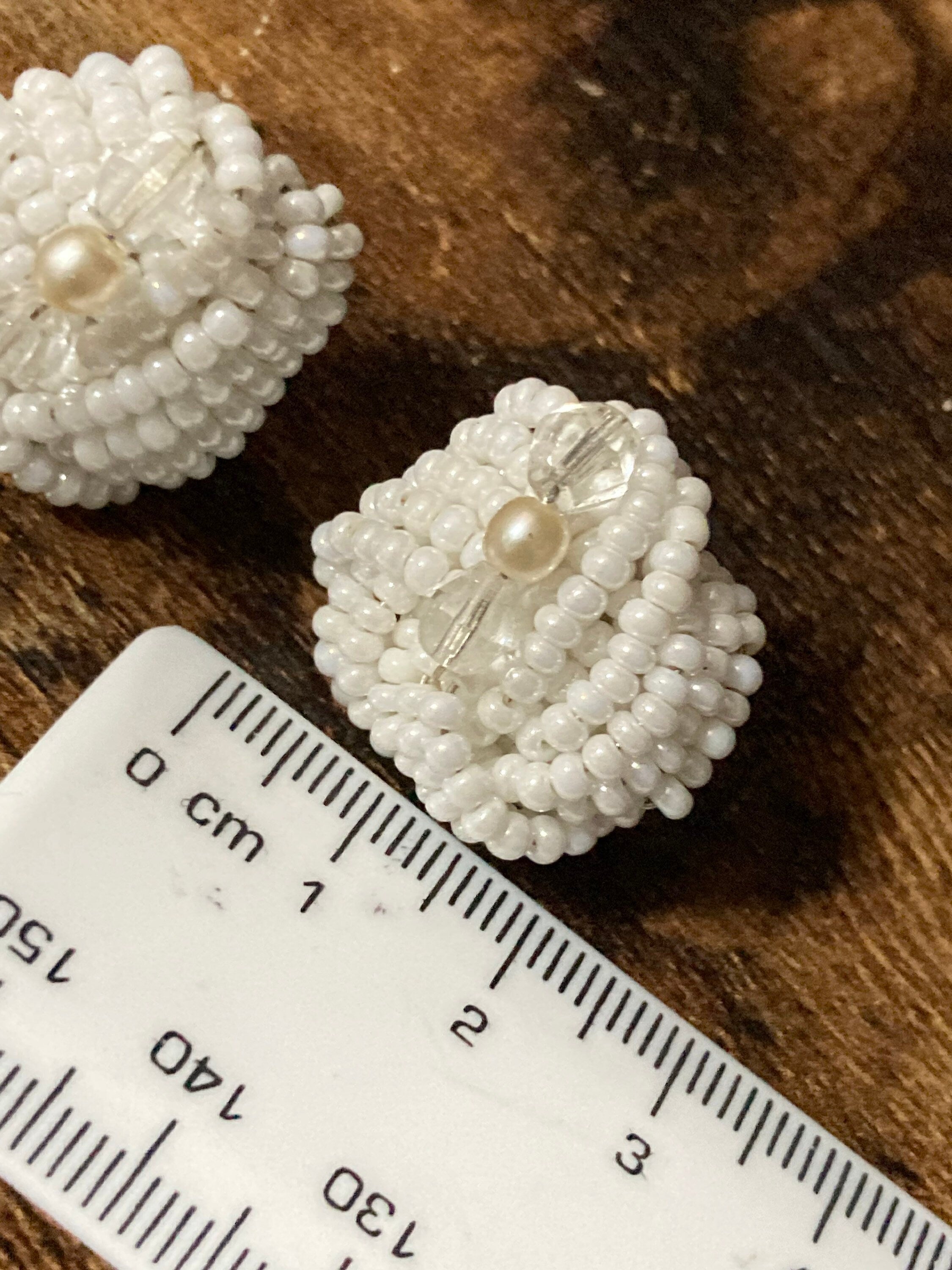 white seed bead turban clip on earrings vintage