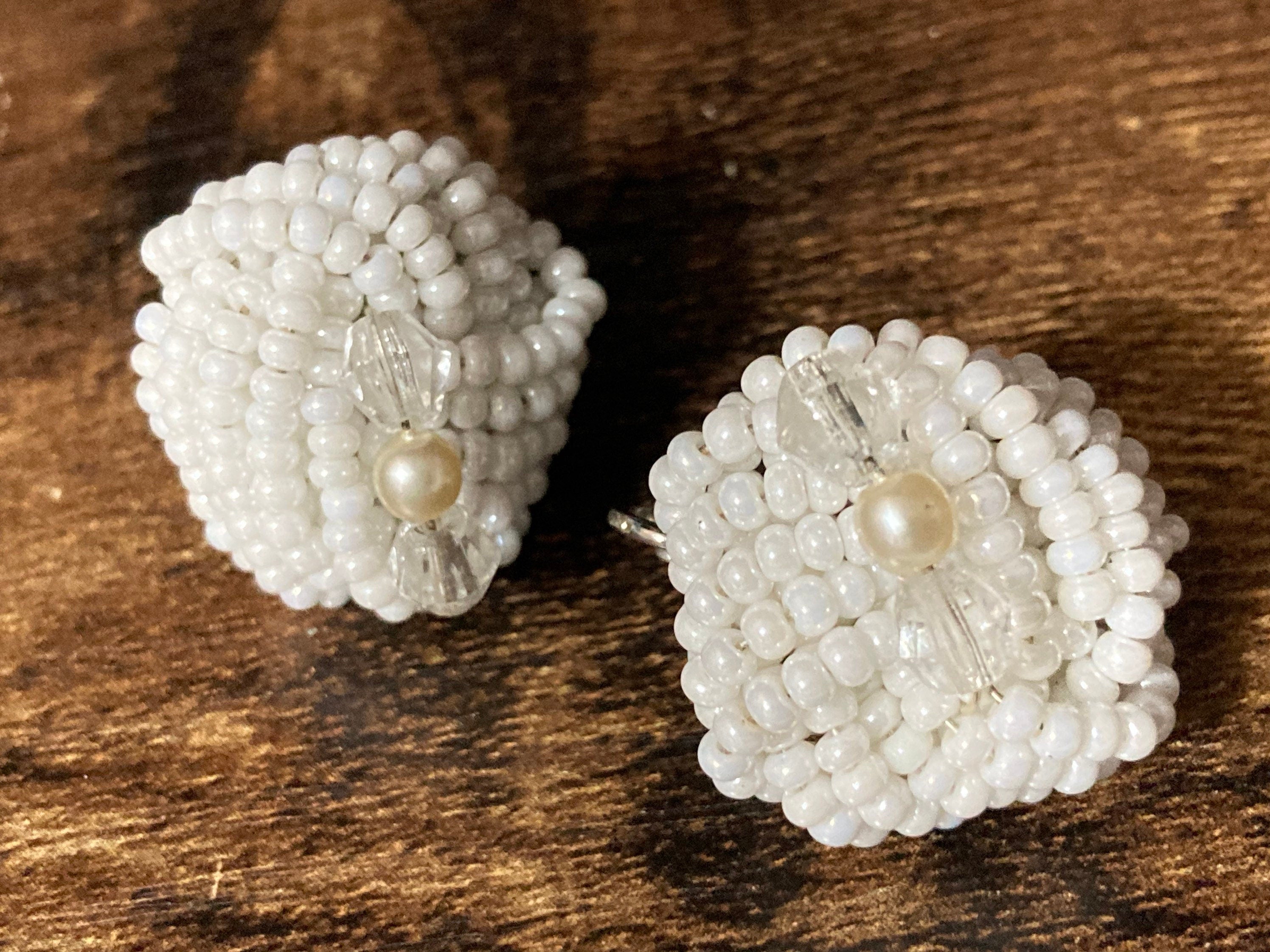 white seed bead turban clip on earrings vintage