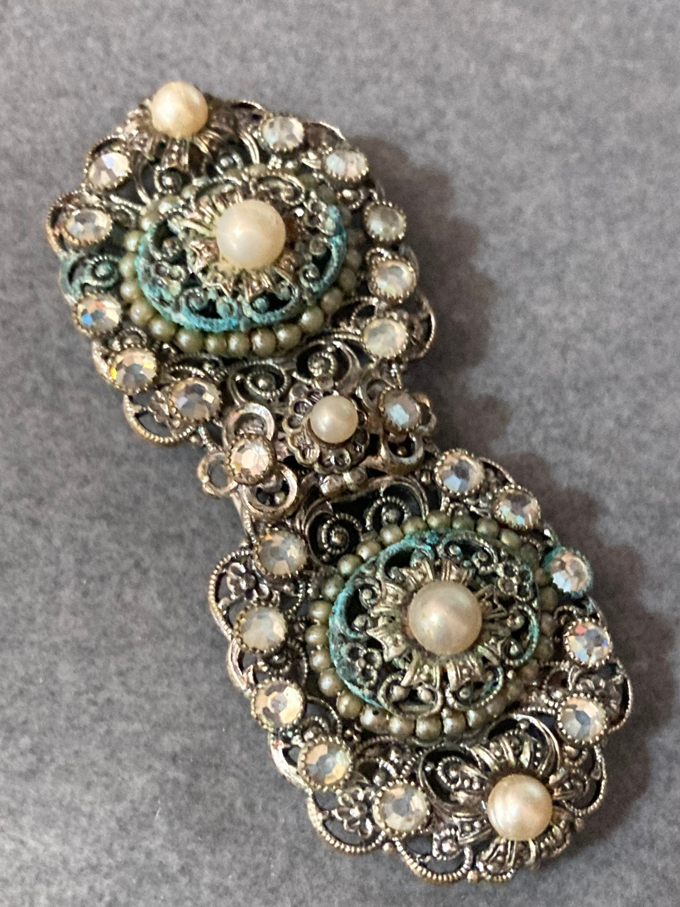 2 part pearl paste diamanté belt buckle Czech brass filigree Art deco