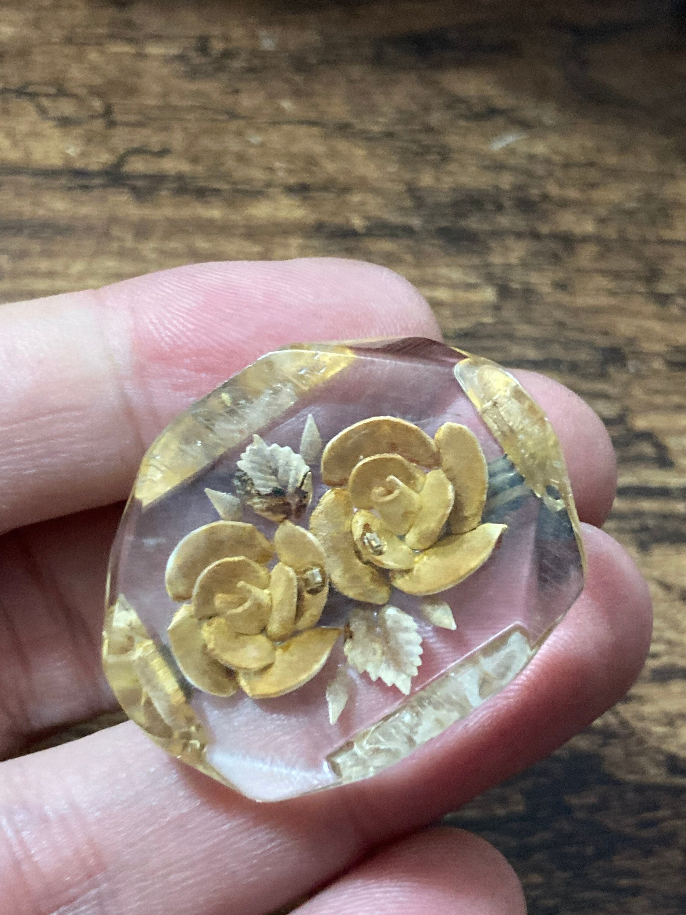 Vintage lucite reverse carved pink floral brooch early plastic rare celluloid 1930s