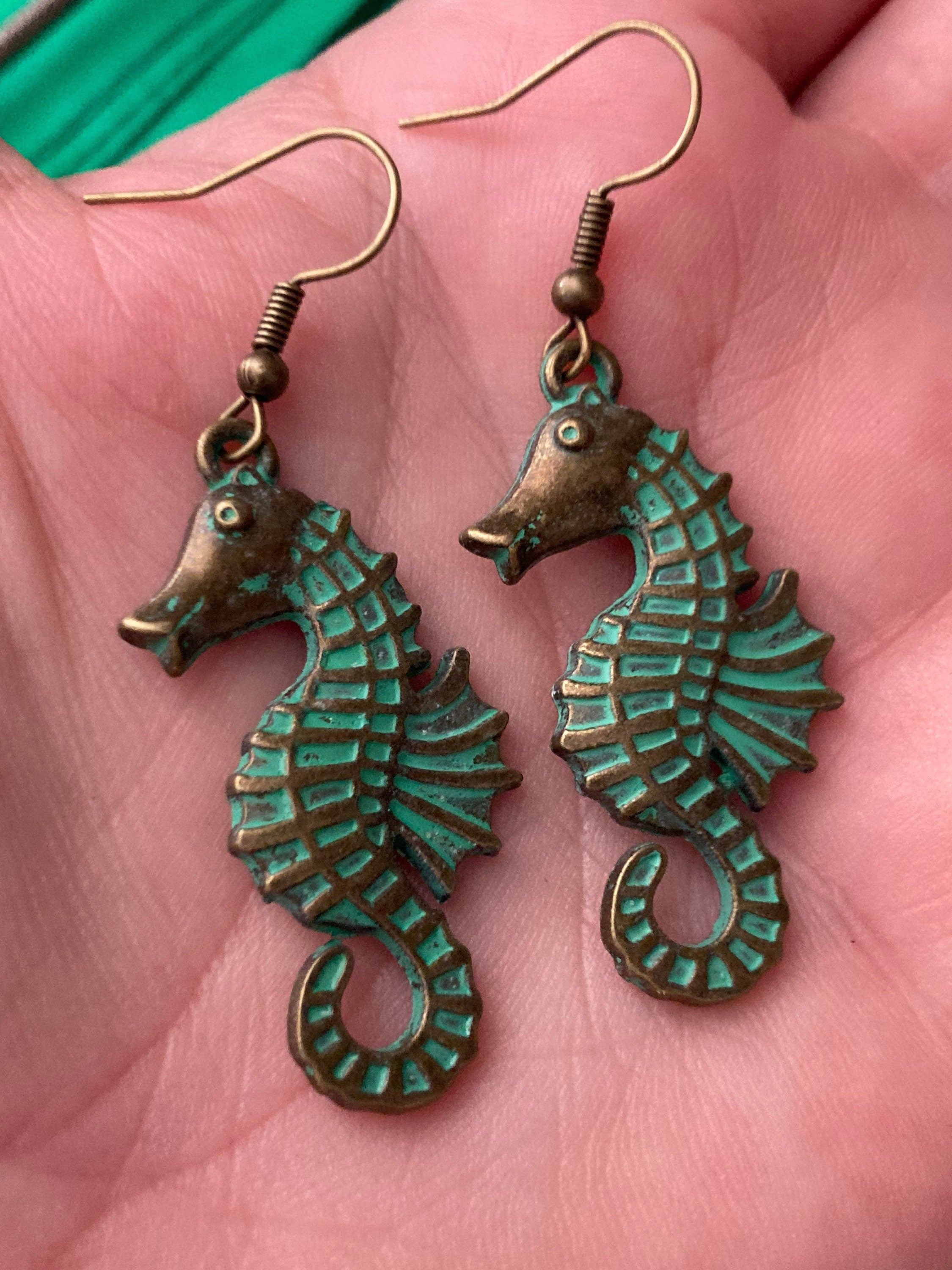 Bronze green seahorse earrings antique verdigris tone pierced