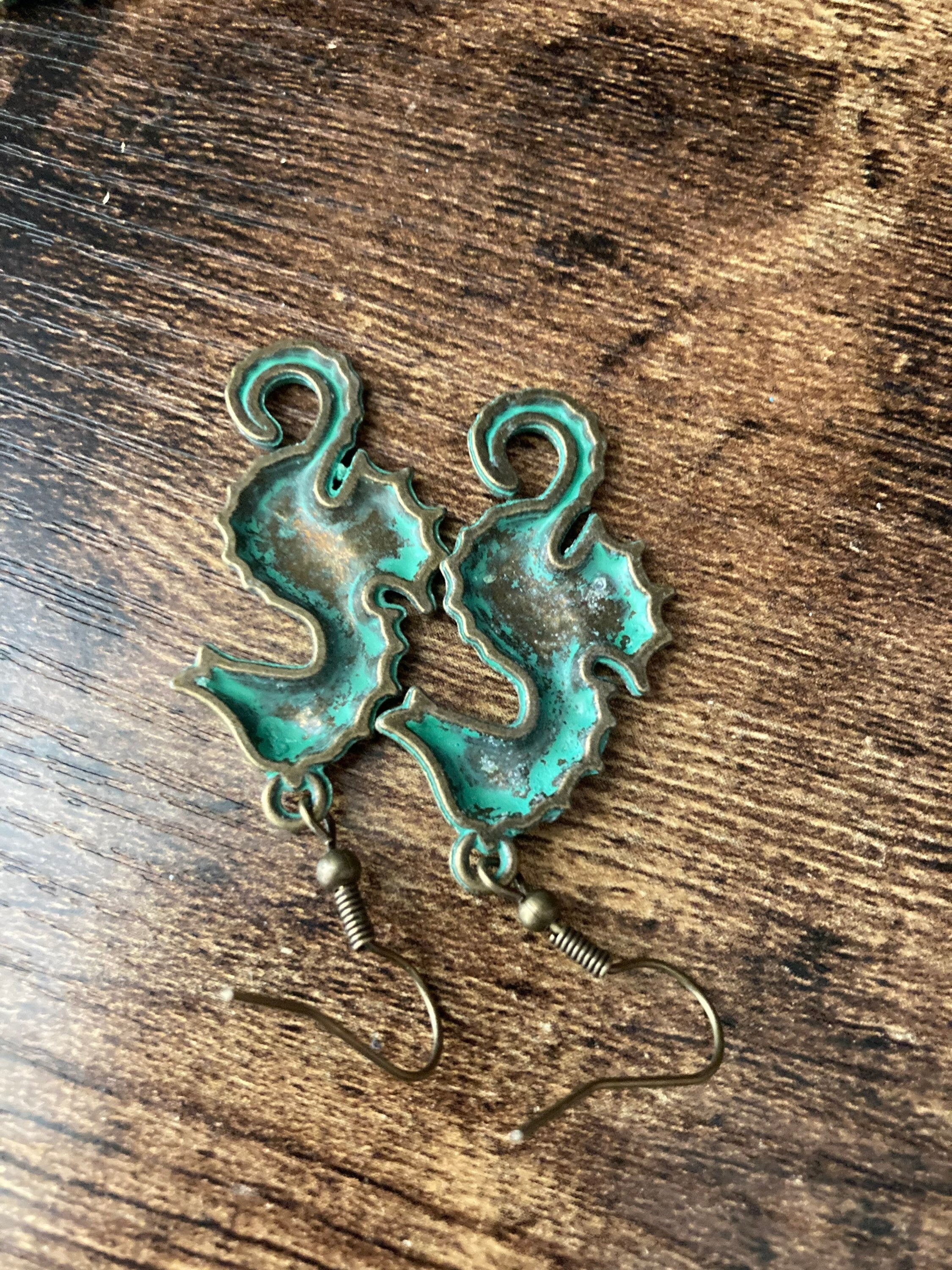 Bronze green seahorse earrings antique verdigris tone pierced