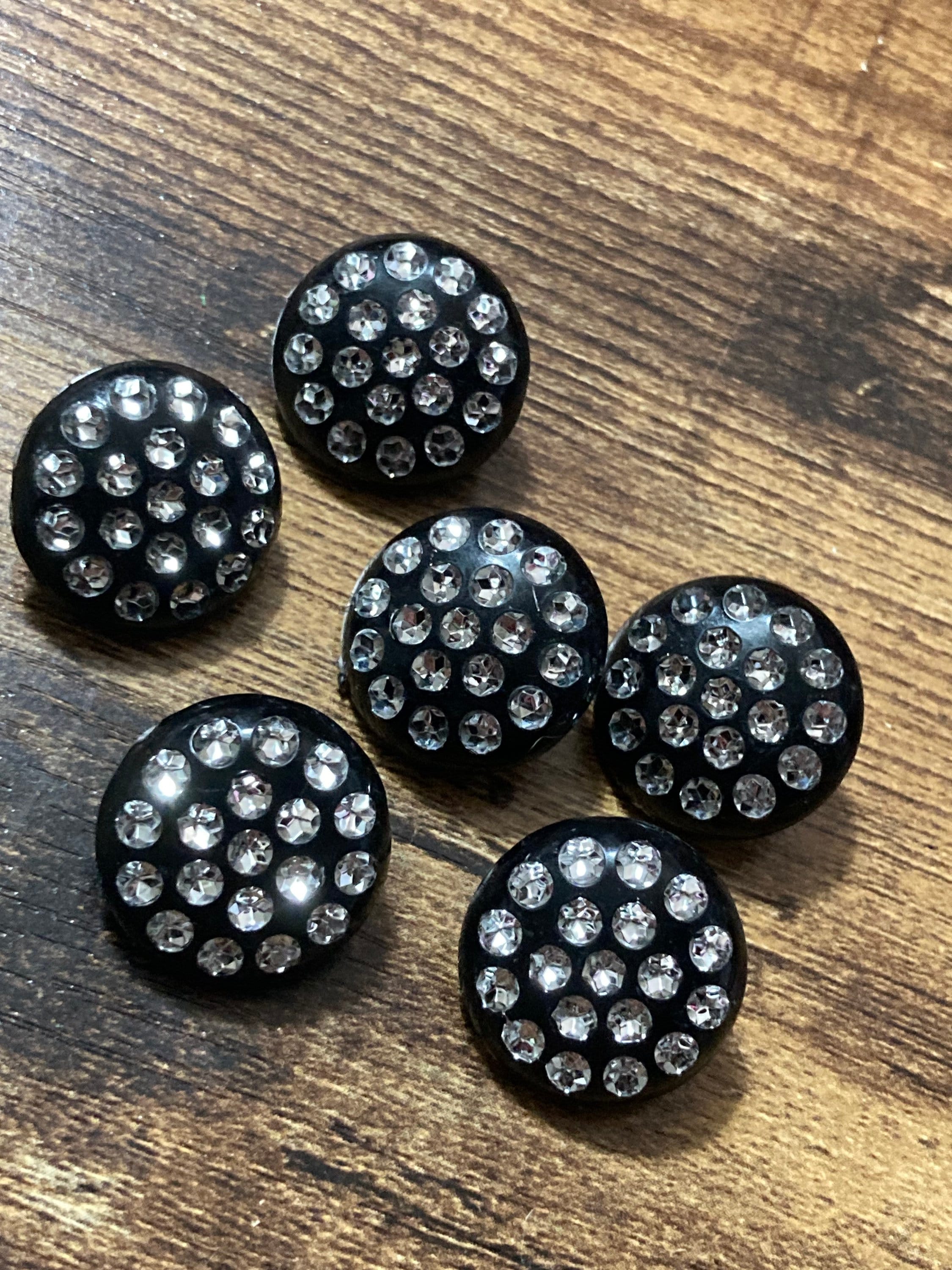 20mm Set of 6 round black plastic diamanté rhinestone low domed buttons