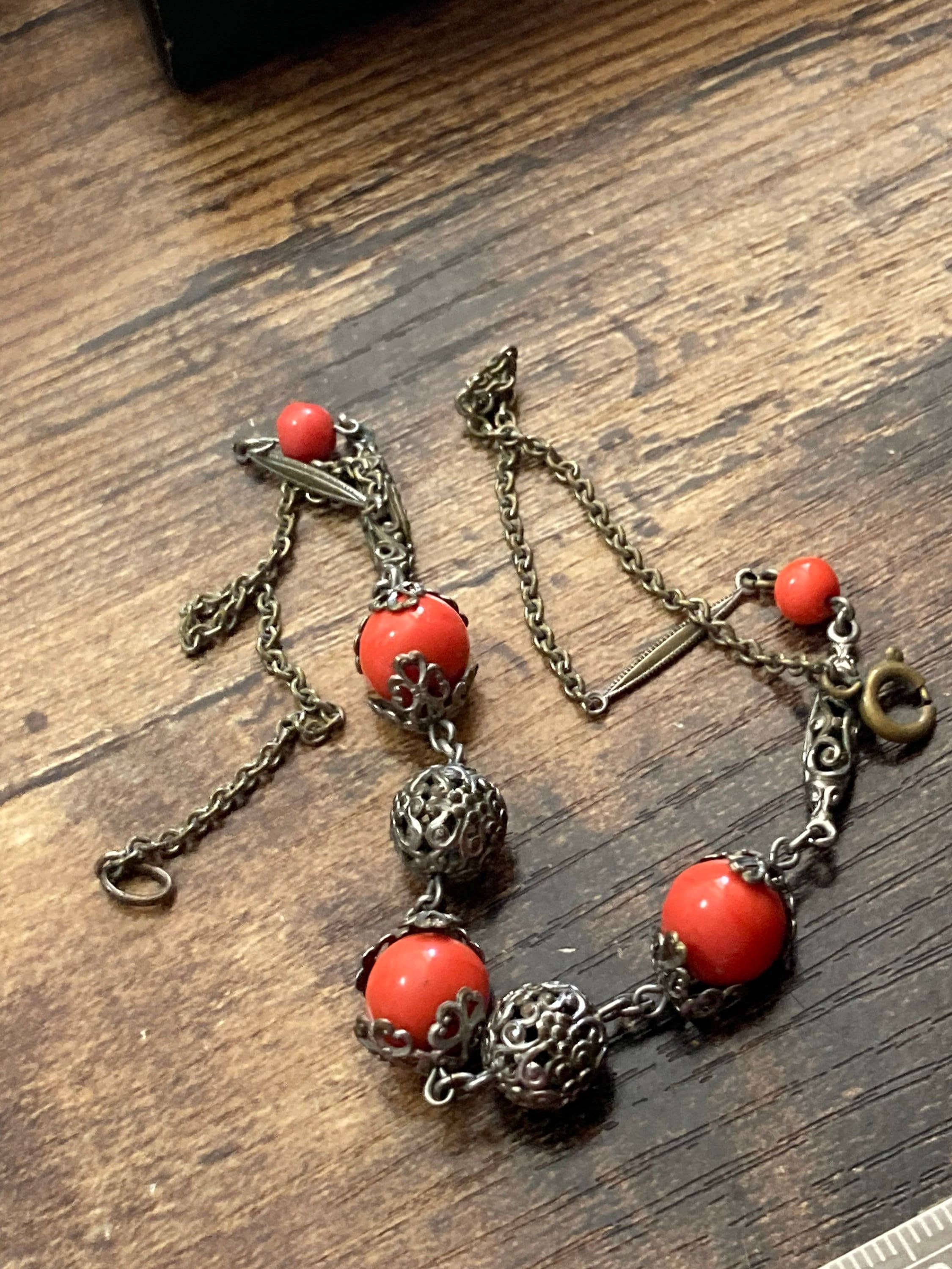 Czech silver filigree orange coral beaded necklace 1920s art deco