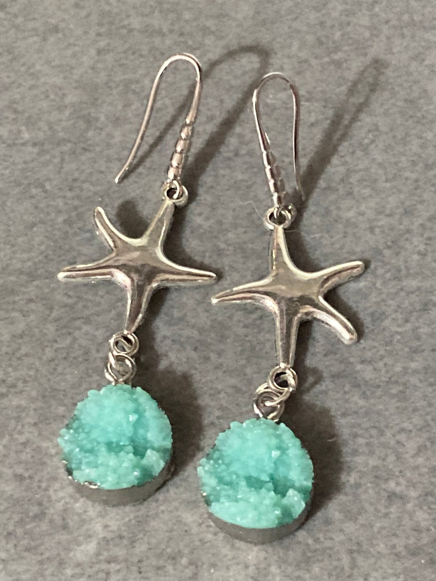 Silver starfish earrings with faux turquoise agate cabochon dangly drop