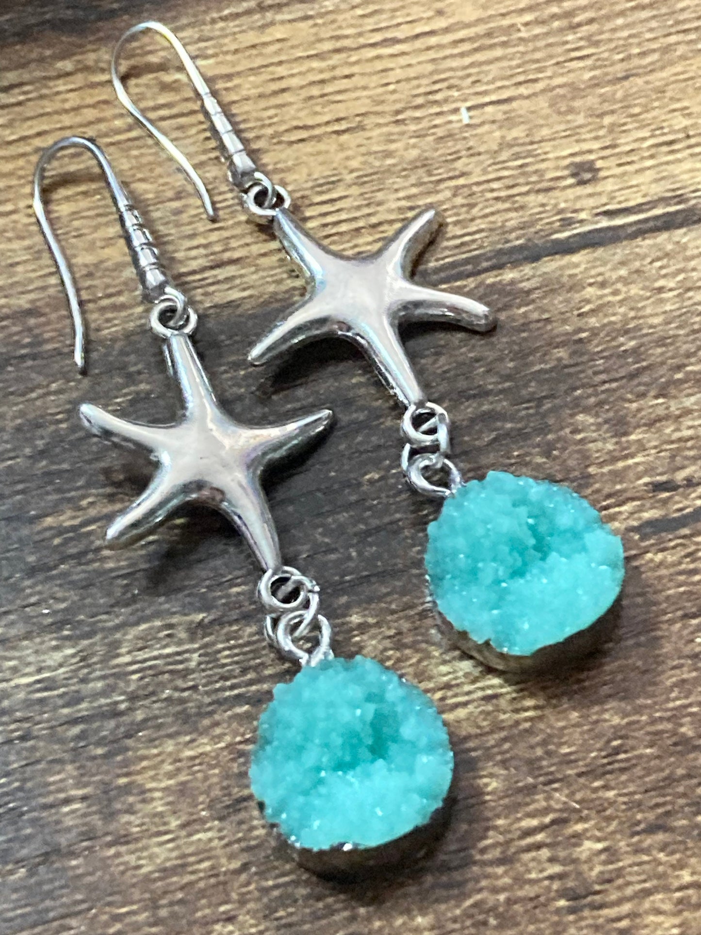 Silver starfish earrings with faux turquoise agate cabochon dangly drop