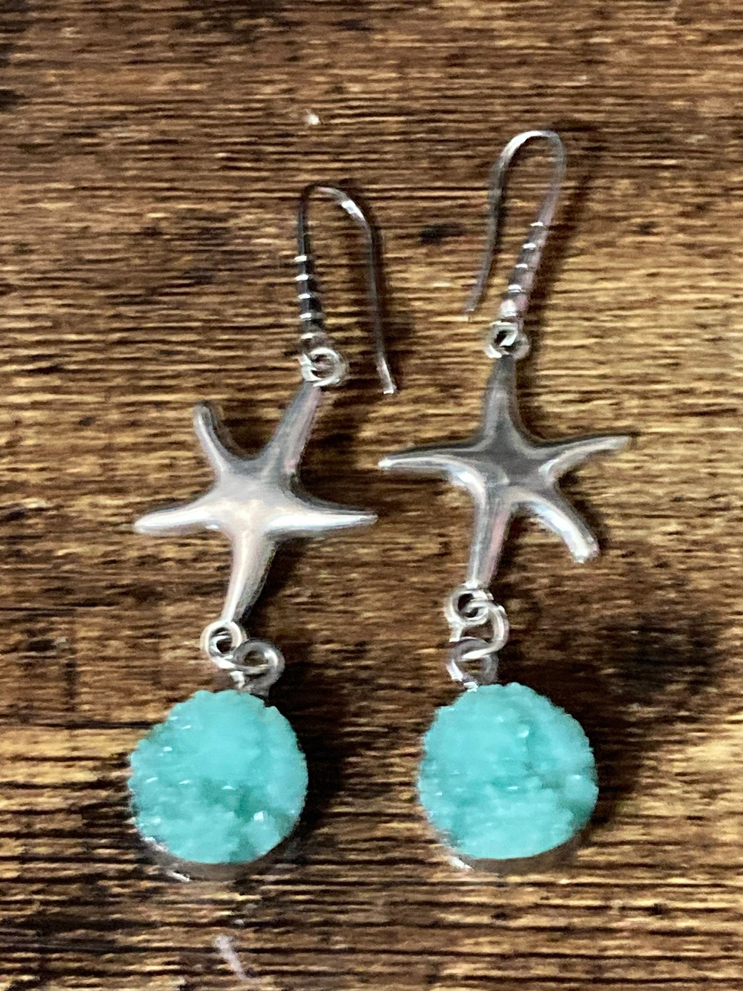 Silver starfish earrings with faux turquoise agate cabochon dangly drop