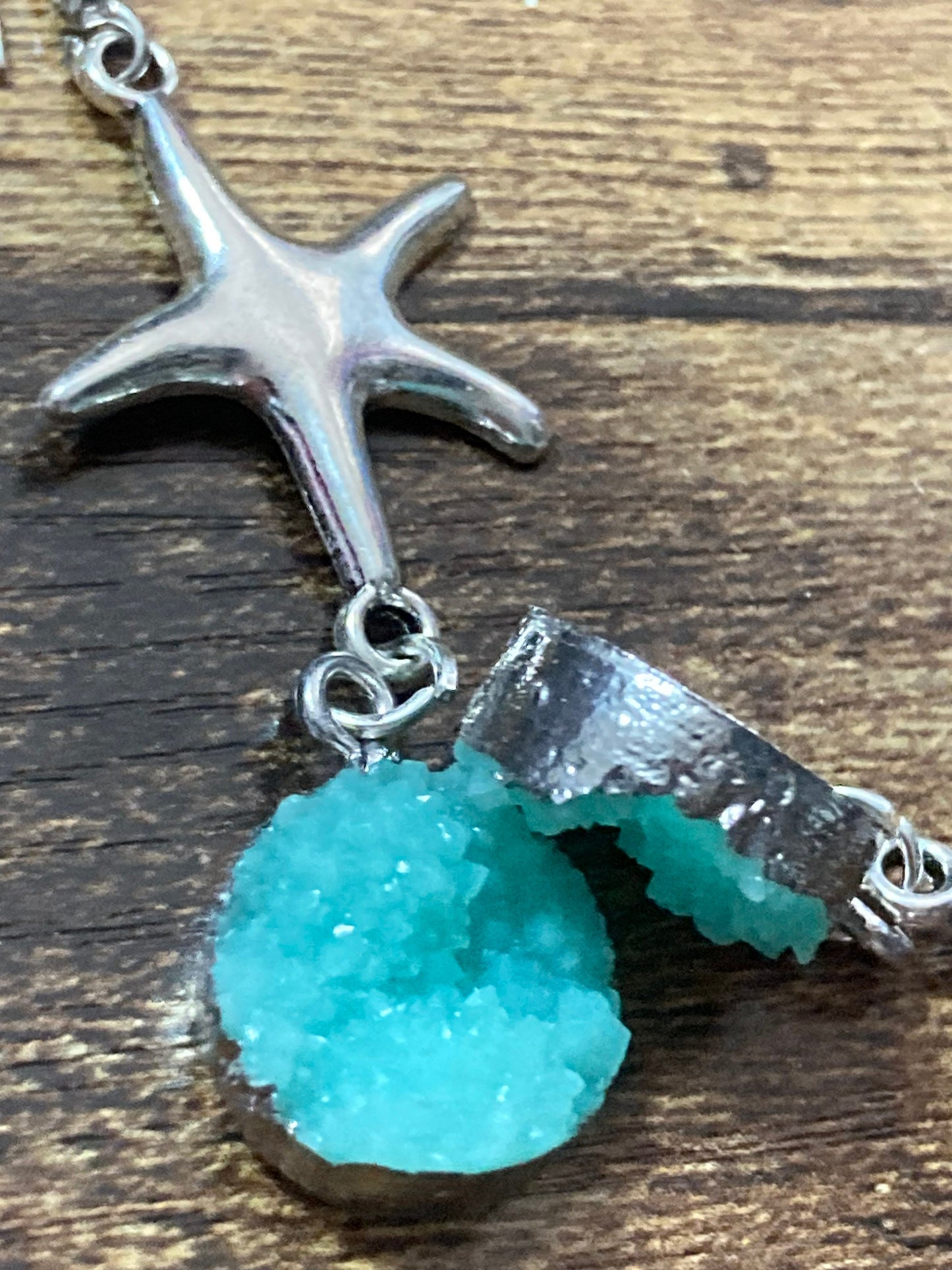 Silver starfish earrings with faux turquoise agate cabochon dangly drop