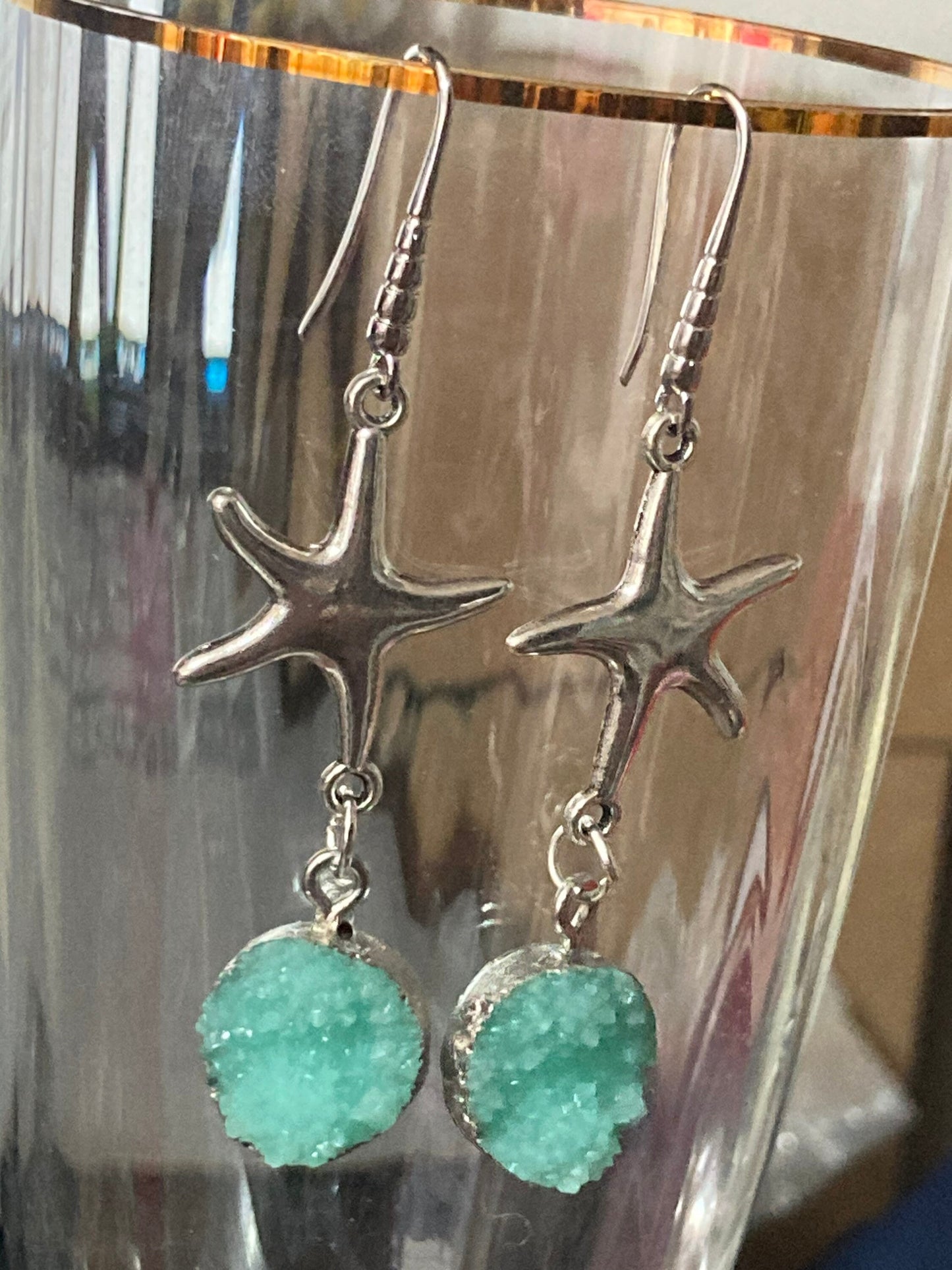 Silver starfish earrings with faux turquoise agate cabochon dangly drop