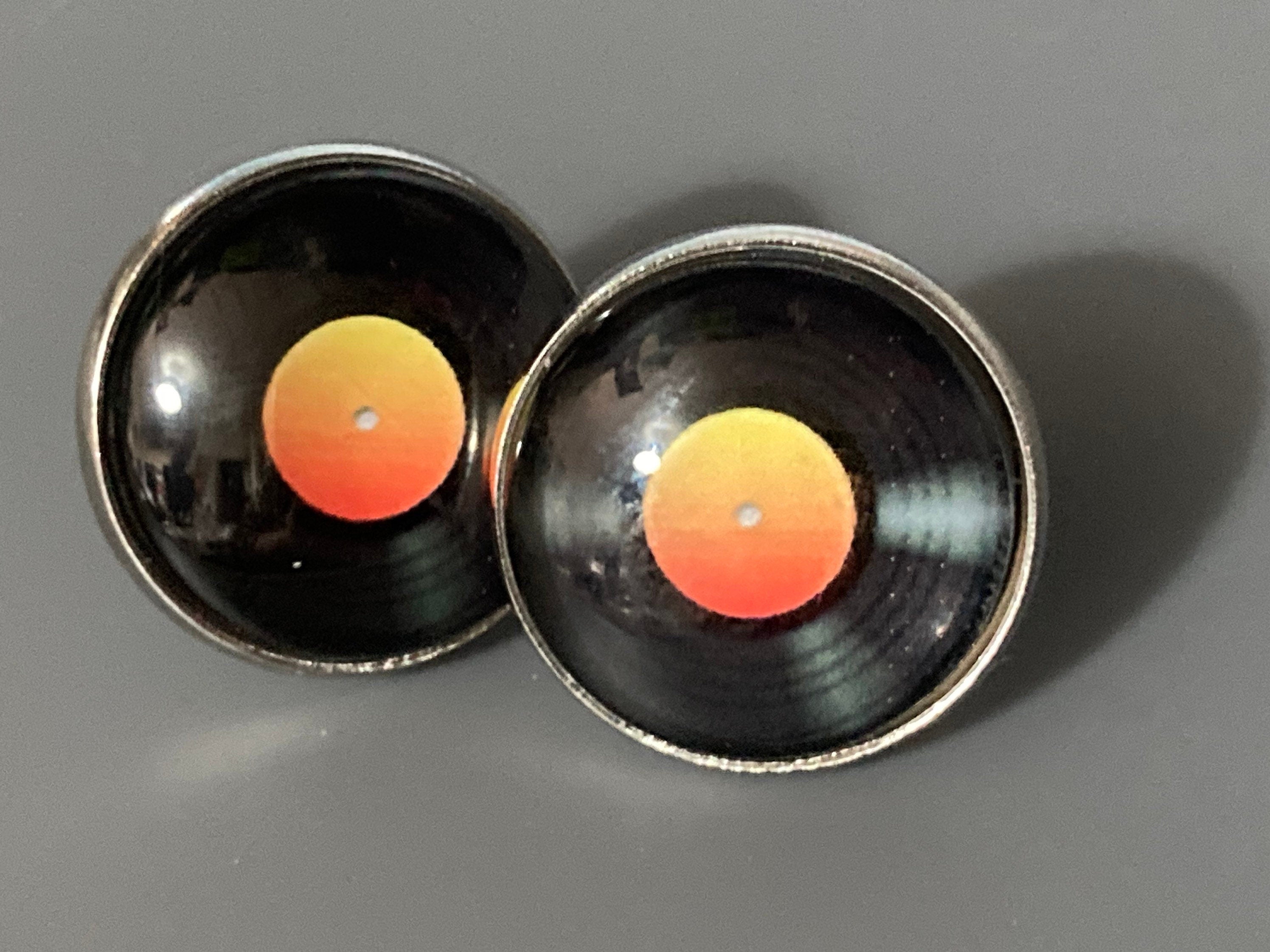 Vinyl record stud earrings 16mm Retro style Black orange gift for DJ silver tone stainless steel