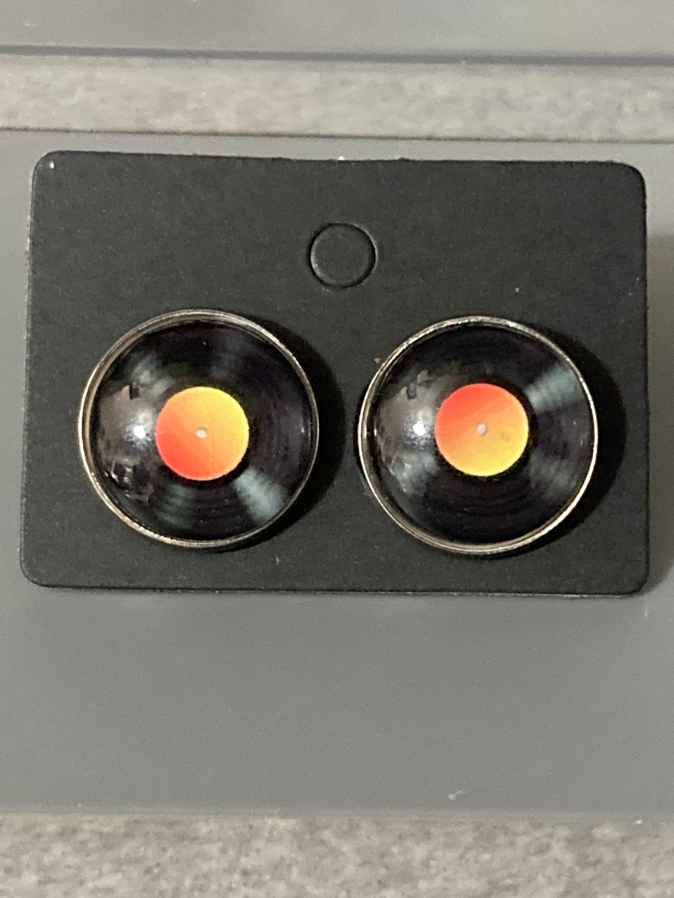 Vinyl record stud earrings 16mm Retro style Black orange gift for DJ silver tone stainless steel