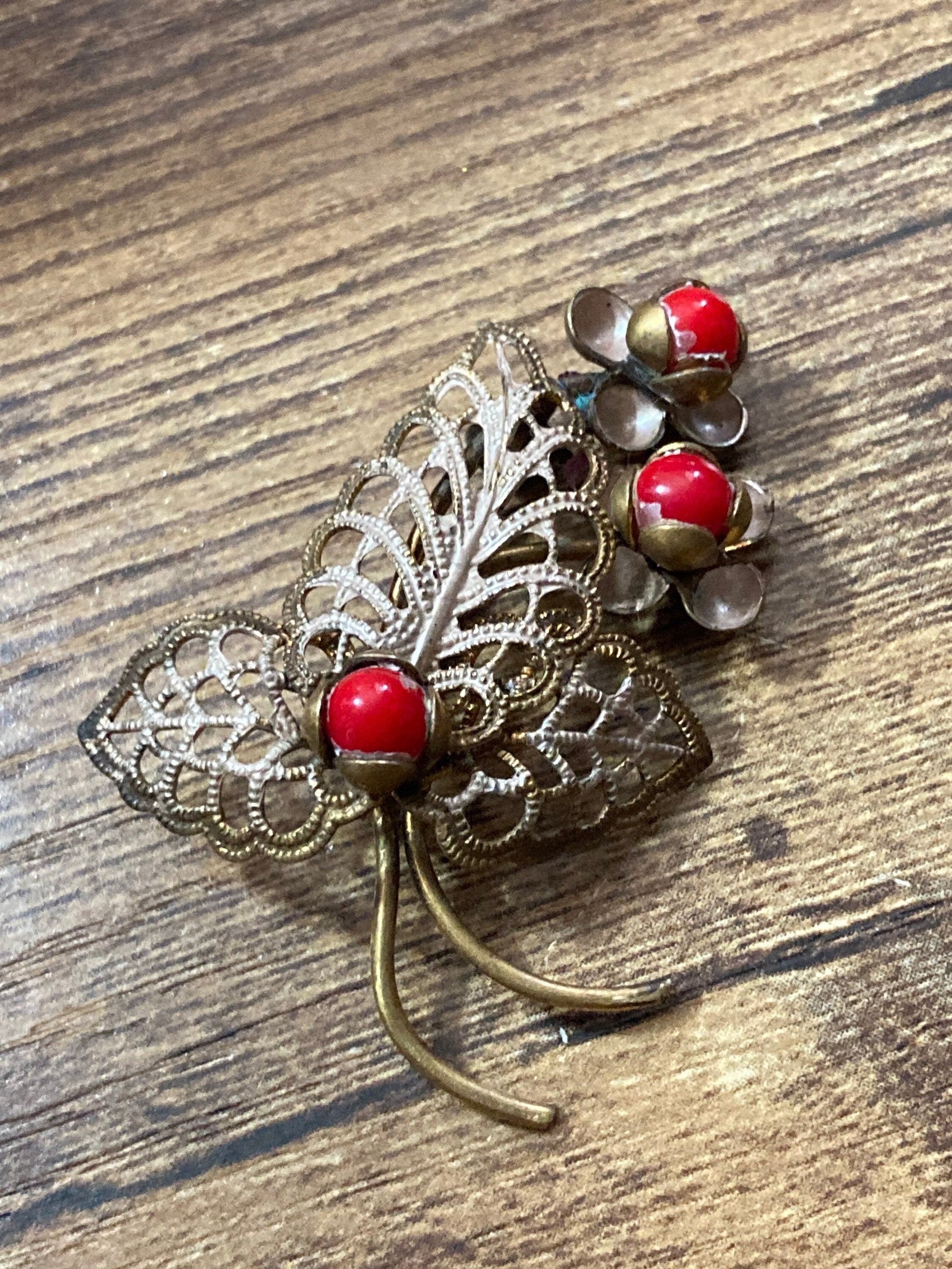 Art Deco Czech brass metal leaf brooch with faux red coral glass cabochon