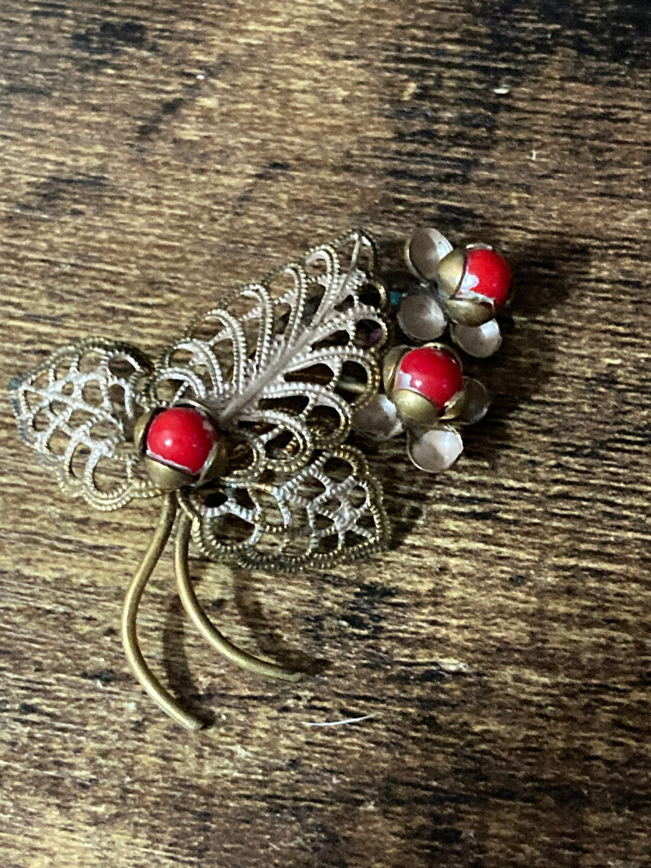 Art Deco Czech brass metal leaf brooch with faux red coral glass cabochon