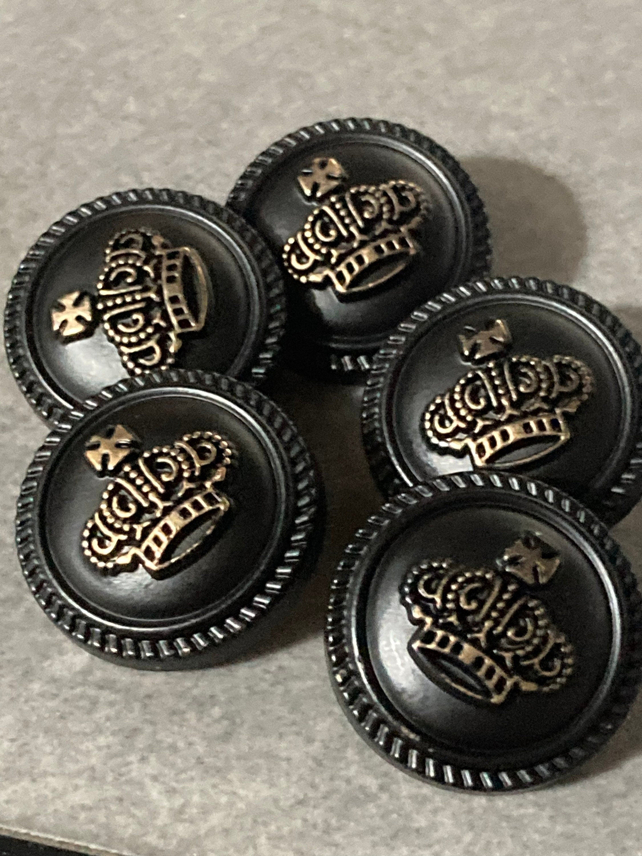 5 x 23mm metal royal crown buttons black and gold tone