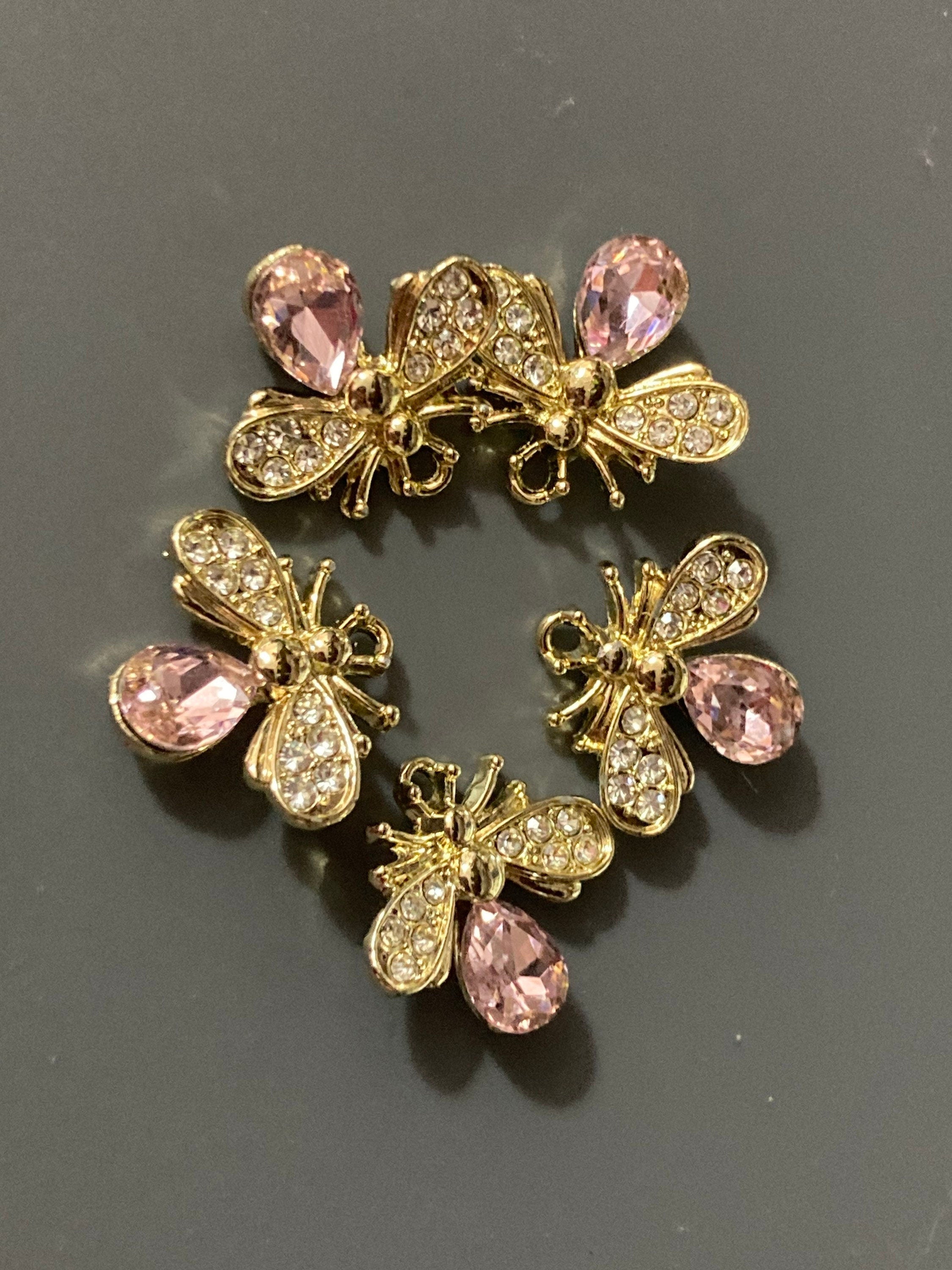 5 x bumble bee bead charms embellishments pink diamanté crystal gold tone