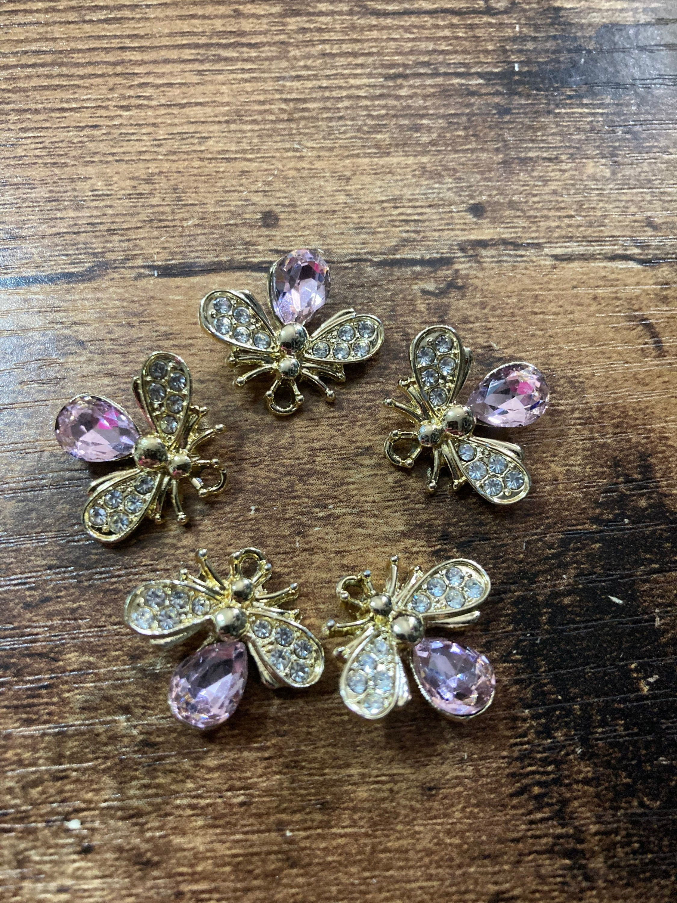 5 x bumble bee bead charms embellishments pink diamanté crystal gold tone