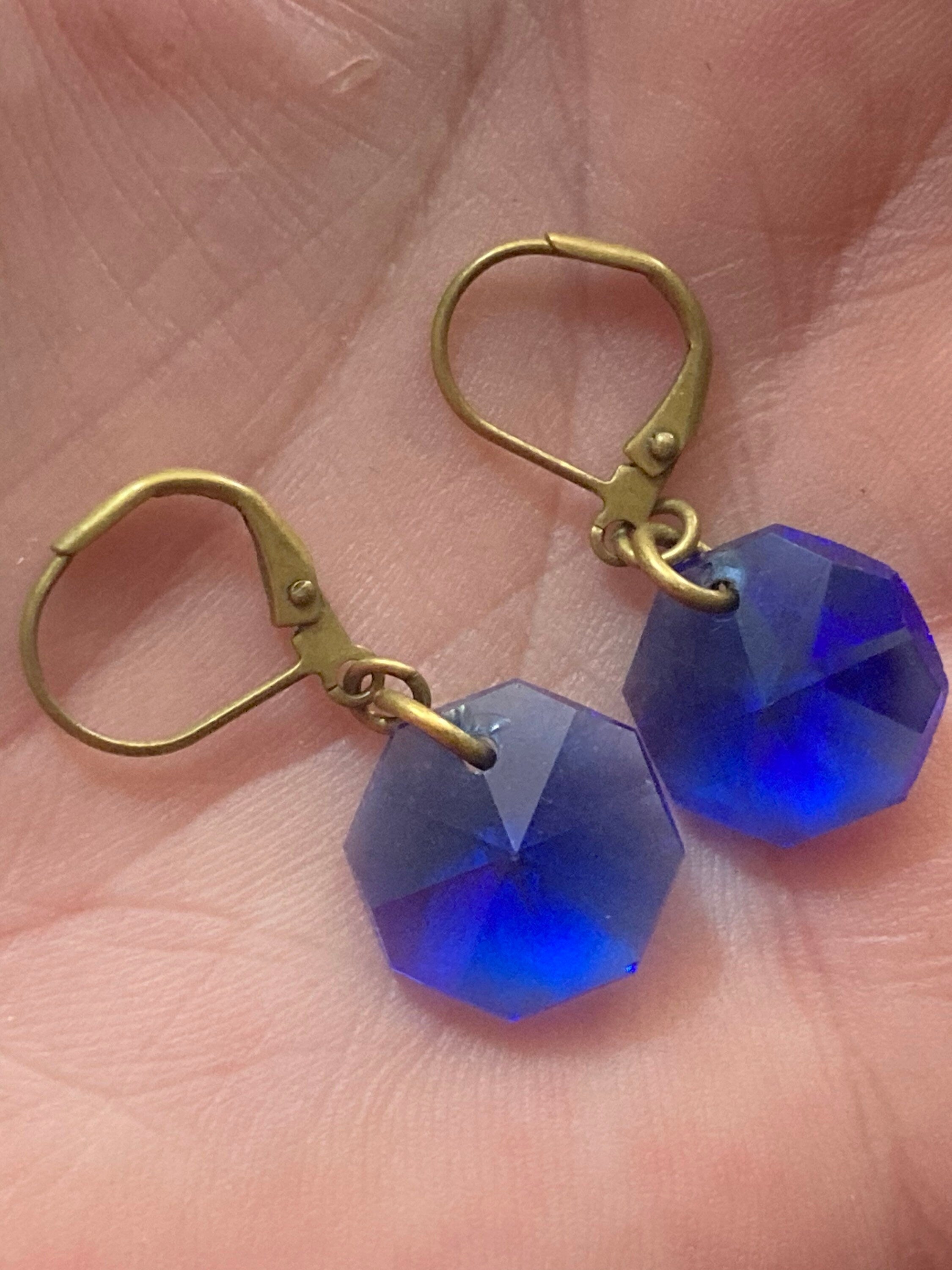 Sapphire Blue glass Crystal drop earrings gold tone lever back