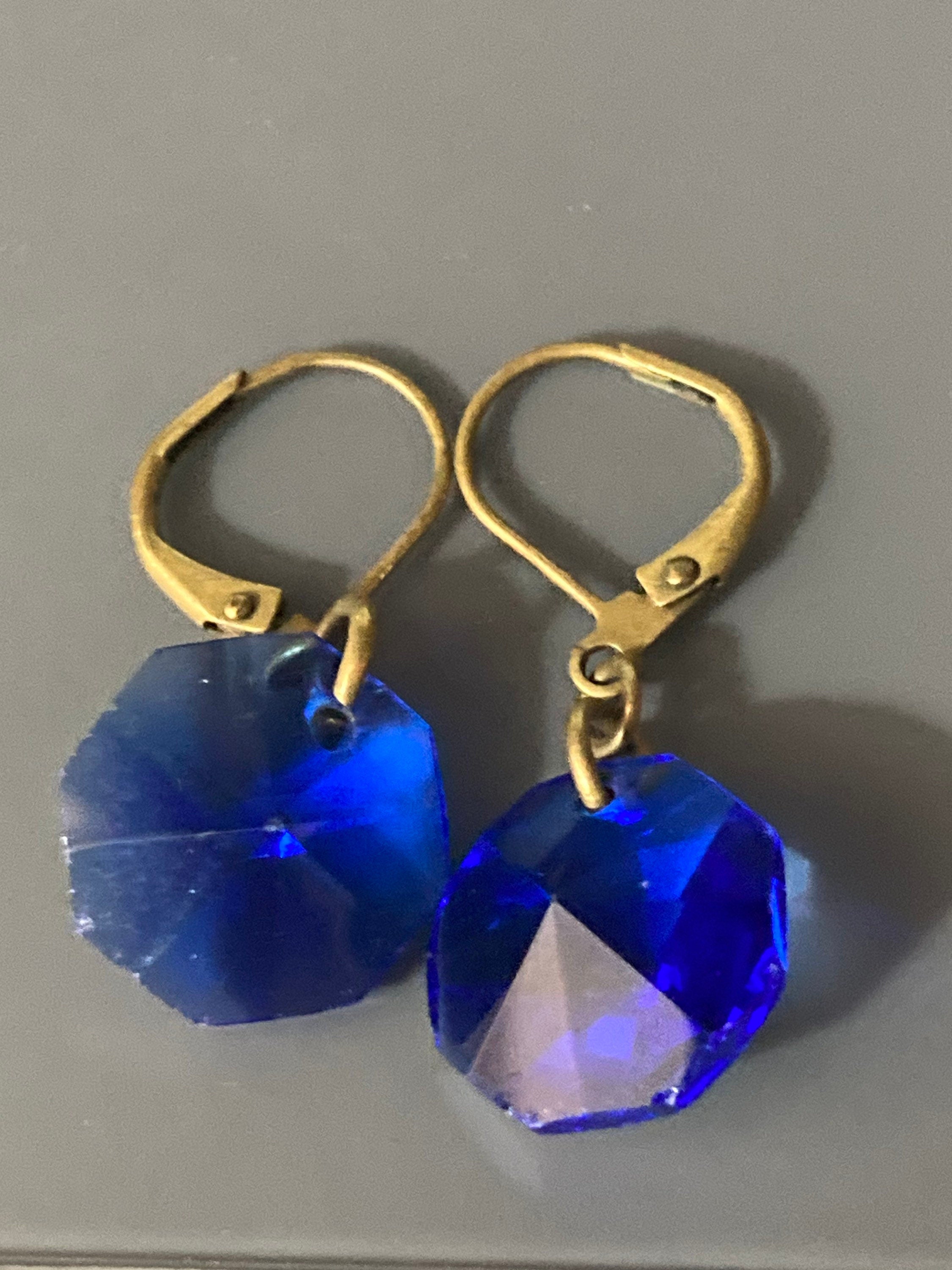 Sapphire Blue glass Crystal drop earrings gold tone lever back