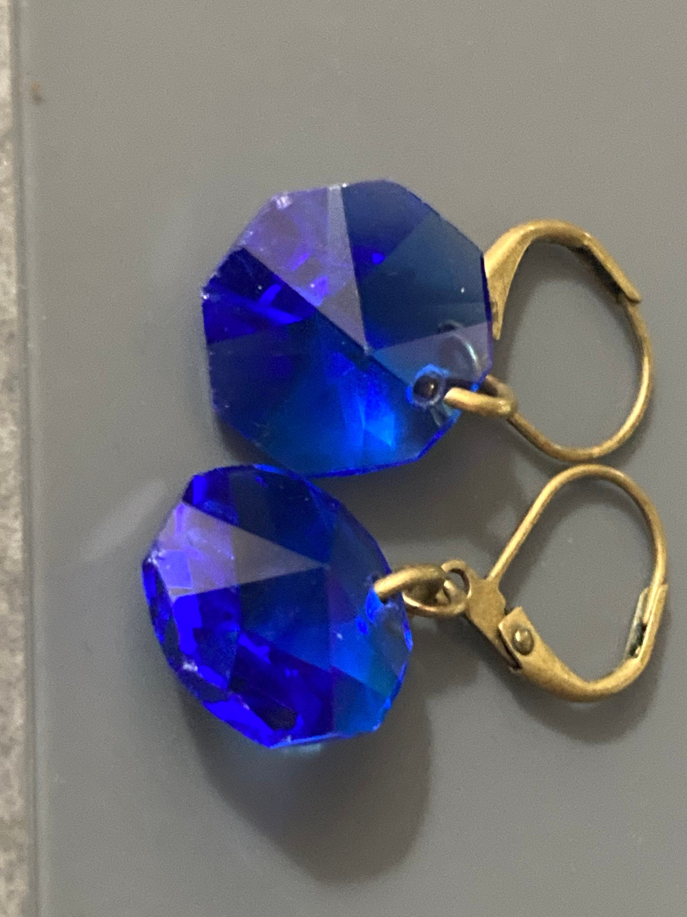 Sapphire Blue glass Crystal drop earrings gold tone lever back