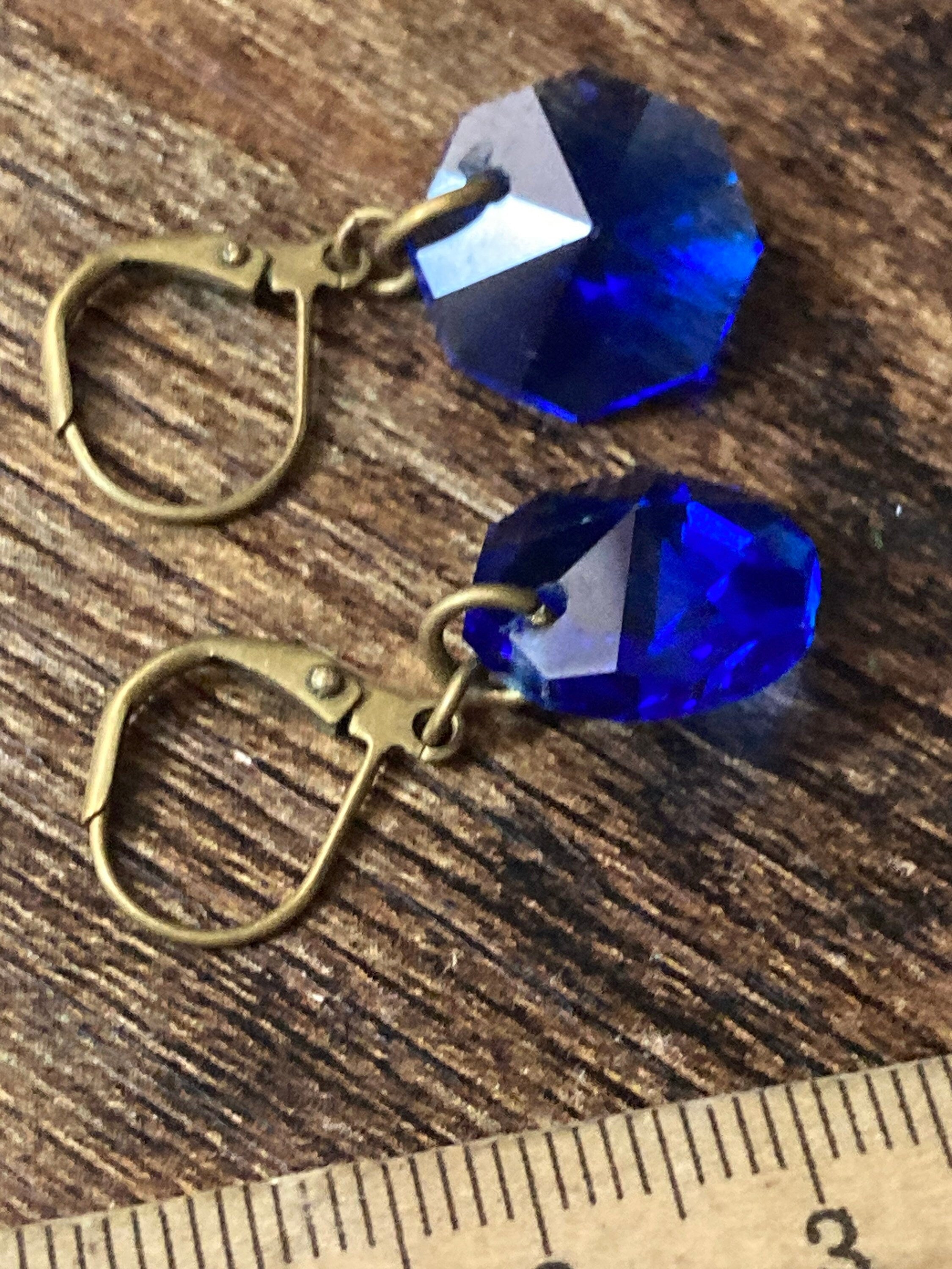 Sapphire Blue glass Crystal drop earrings gold tone lever back