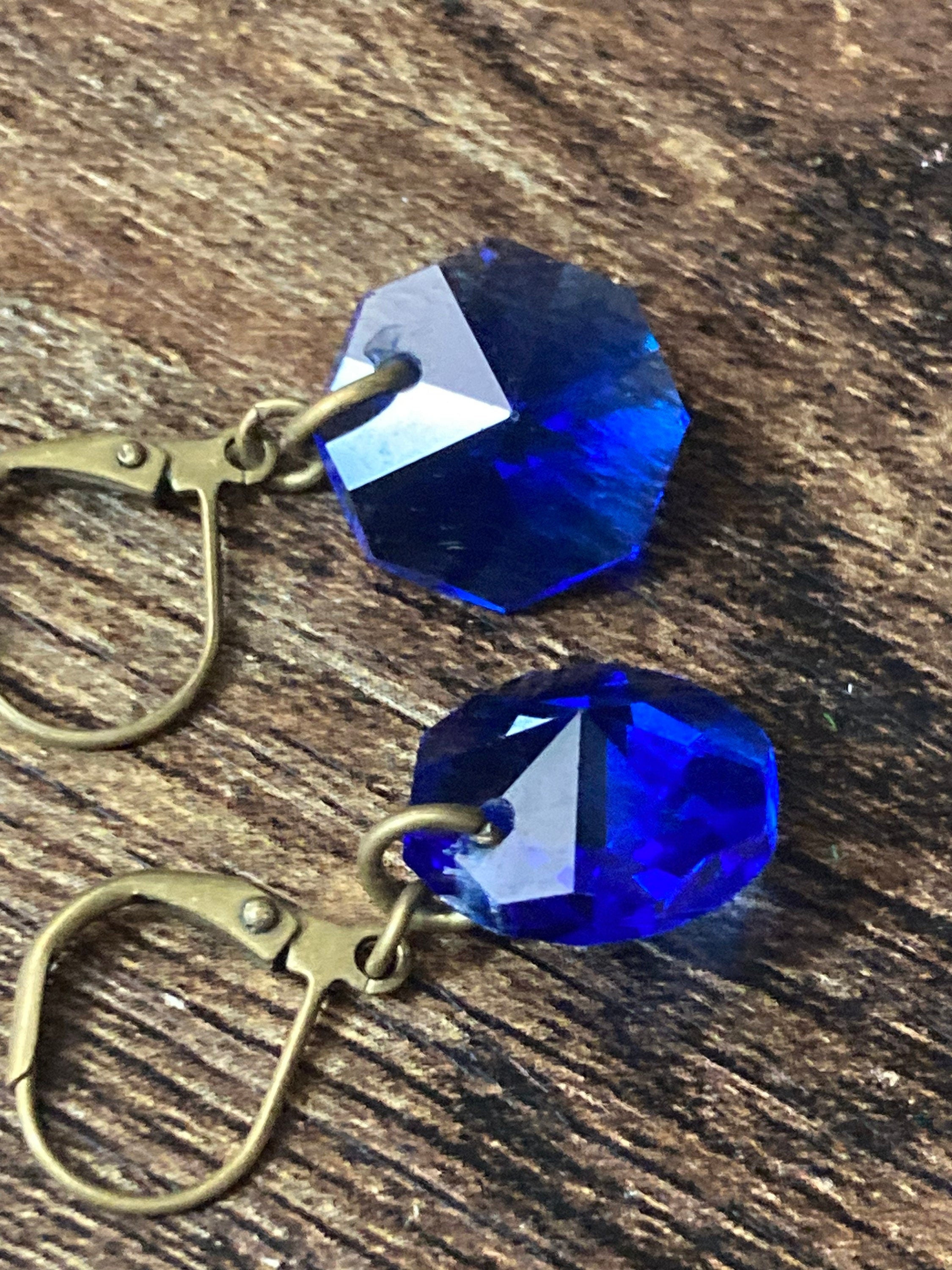 Sapphire Blue glass Crystal drop earrings gold tone lever back