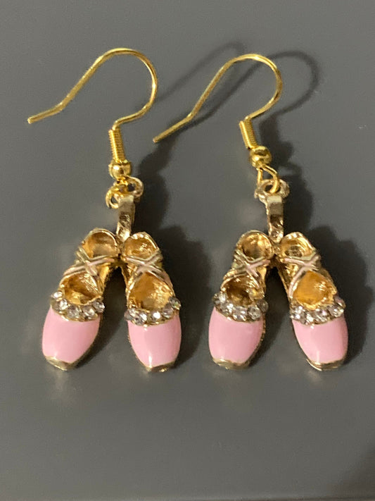 Girls ballet shoe diamanté drop earrings for pierced ears PINK enamel ballerina