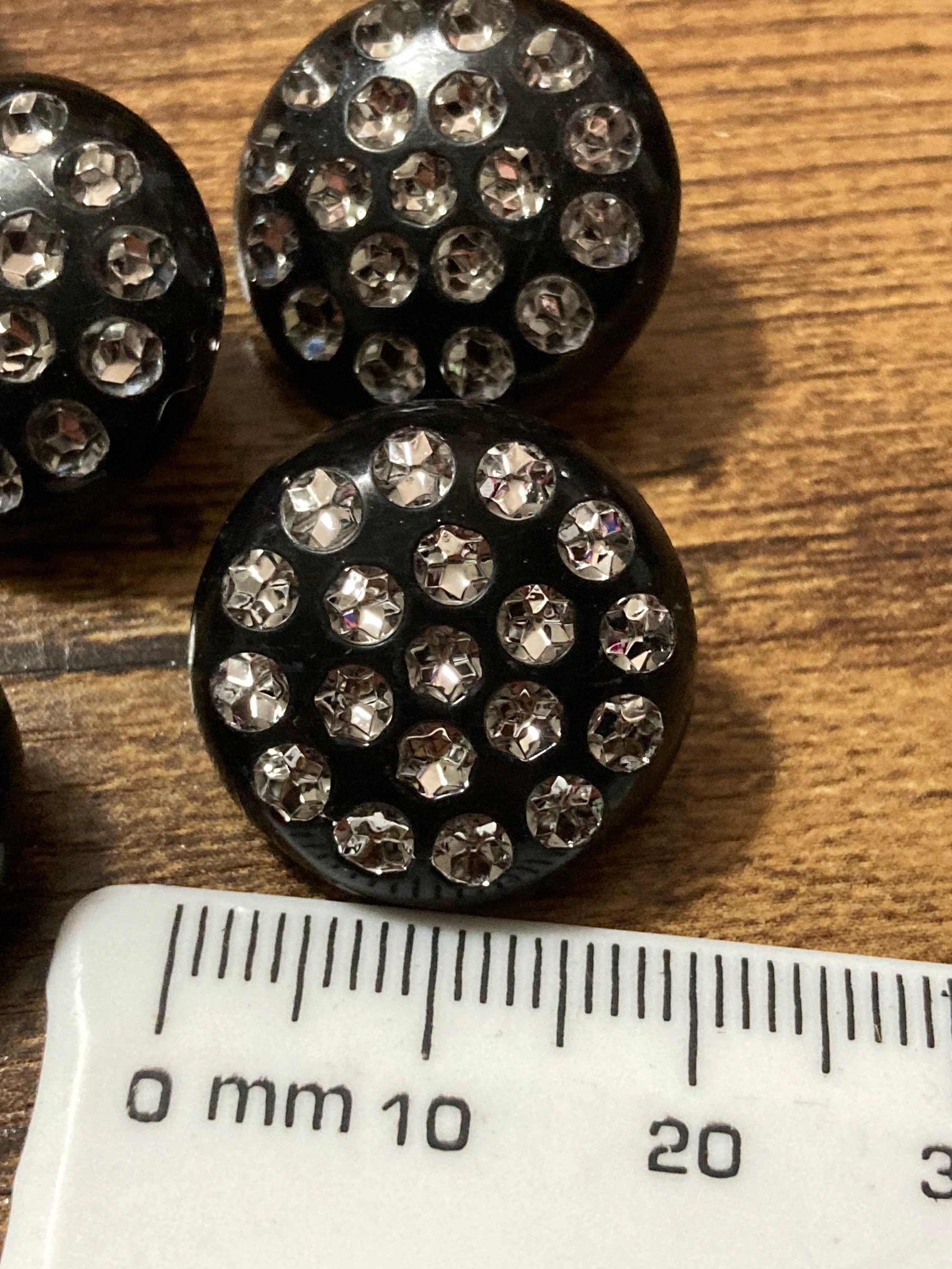 20mm Set of 6 round black plastic diamanté rhinestone low domed buttons