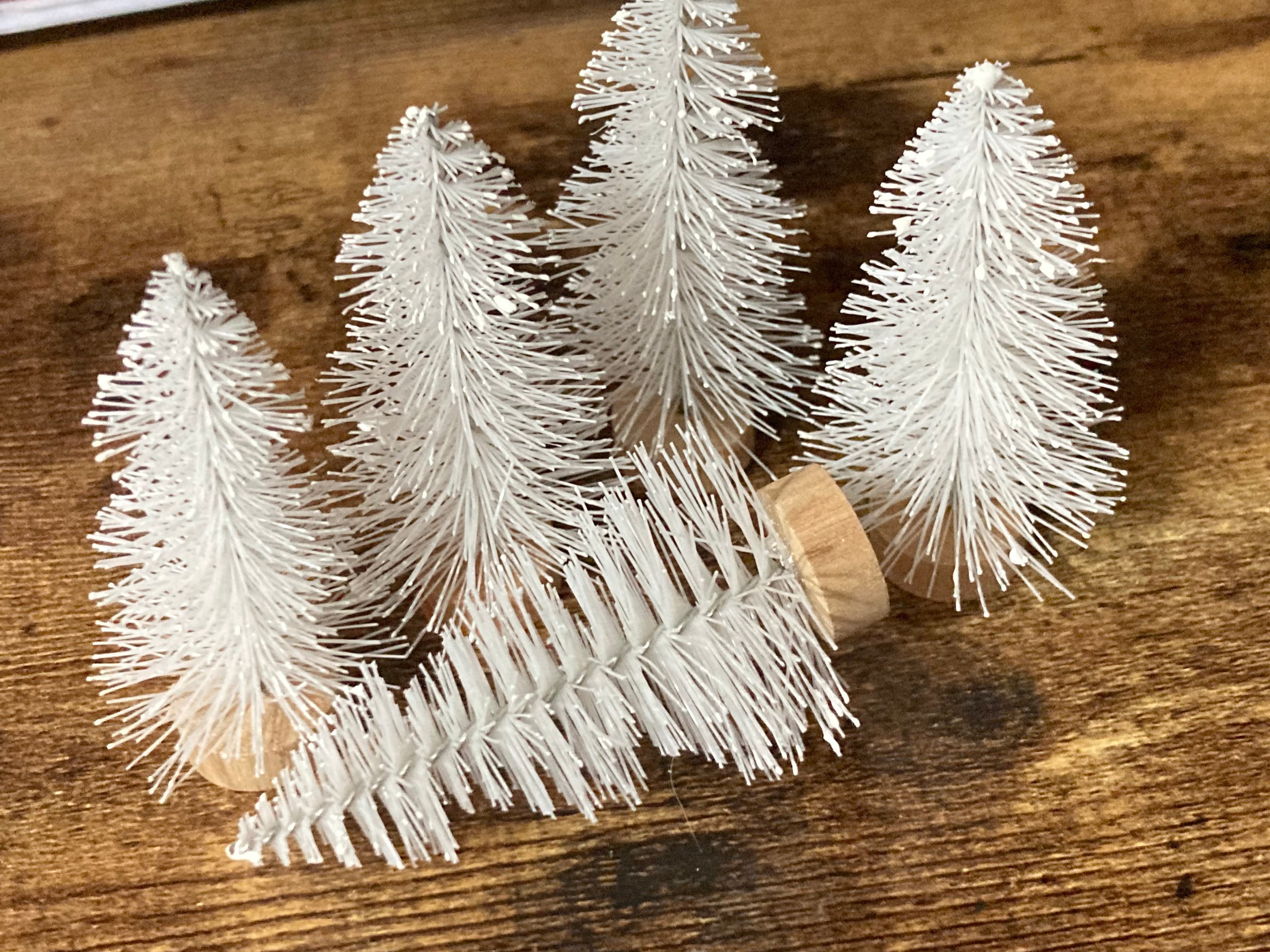 5 pieces WHITE snowy bristle brush miniature Christmas trees for cake toppers and  craft 6cm