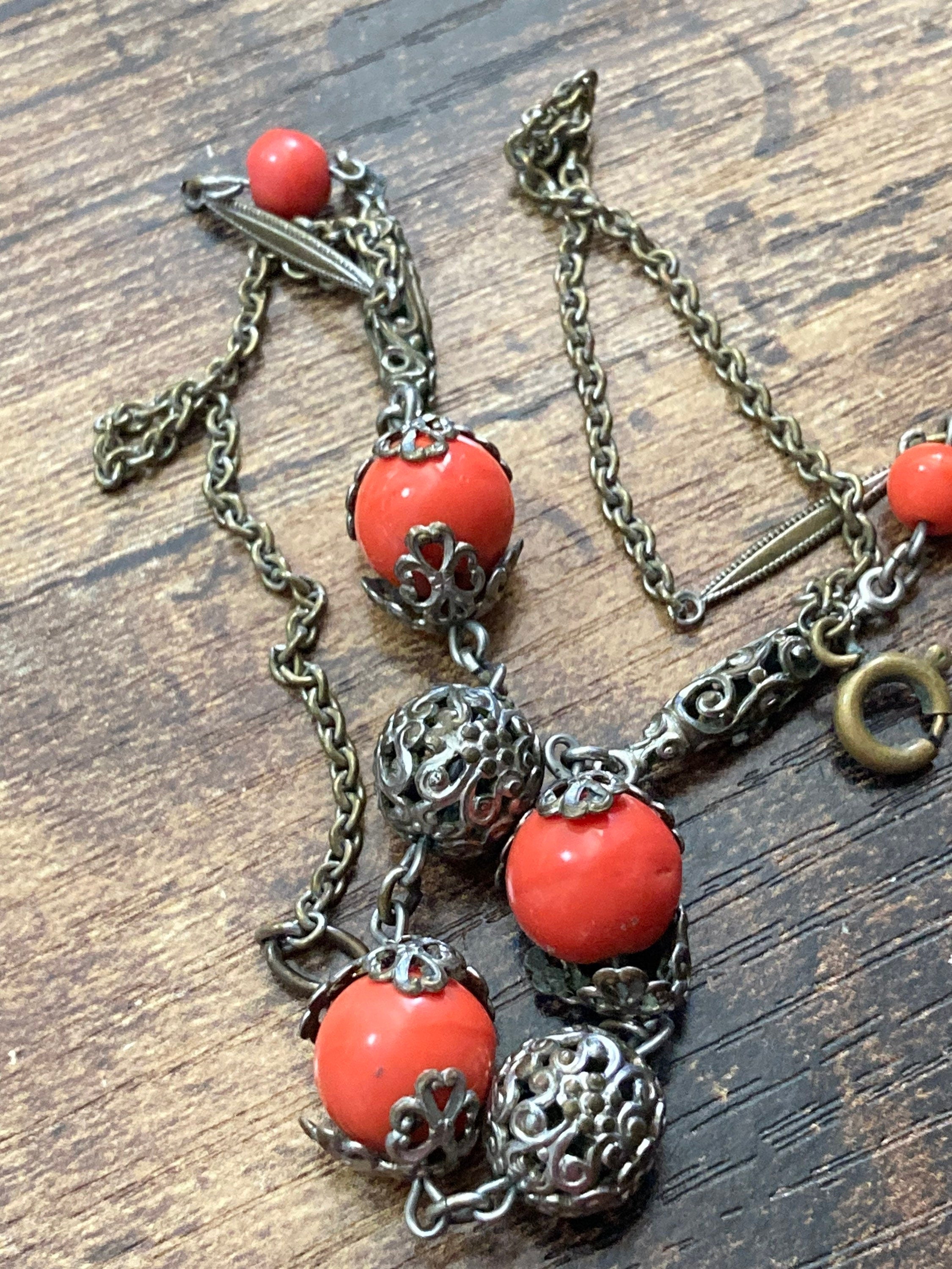 Czech silver filigree orange coral beaded necklace 1920s art deco